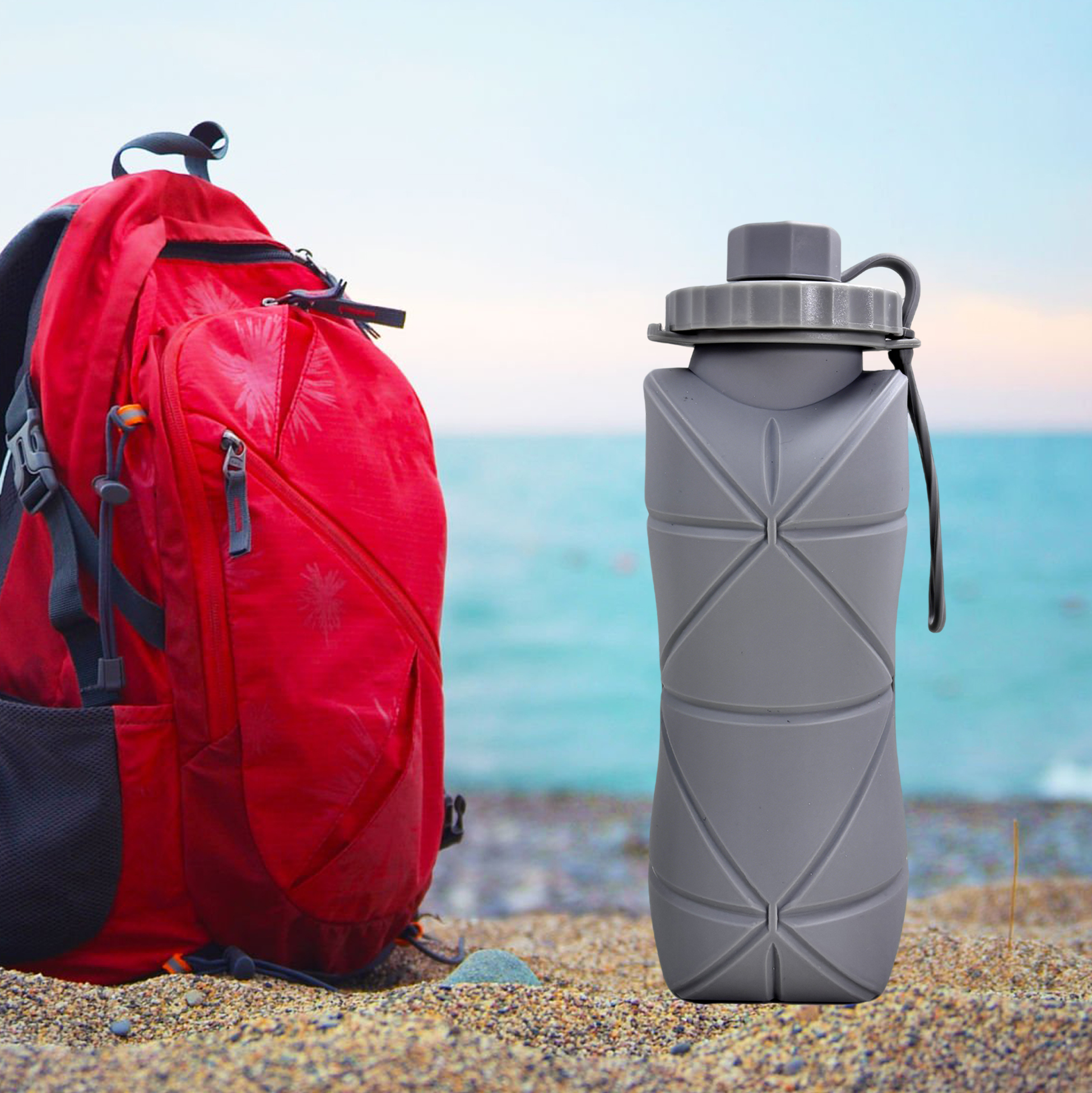 Gray Silicone Collapsible Water Bottle