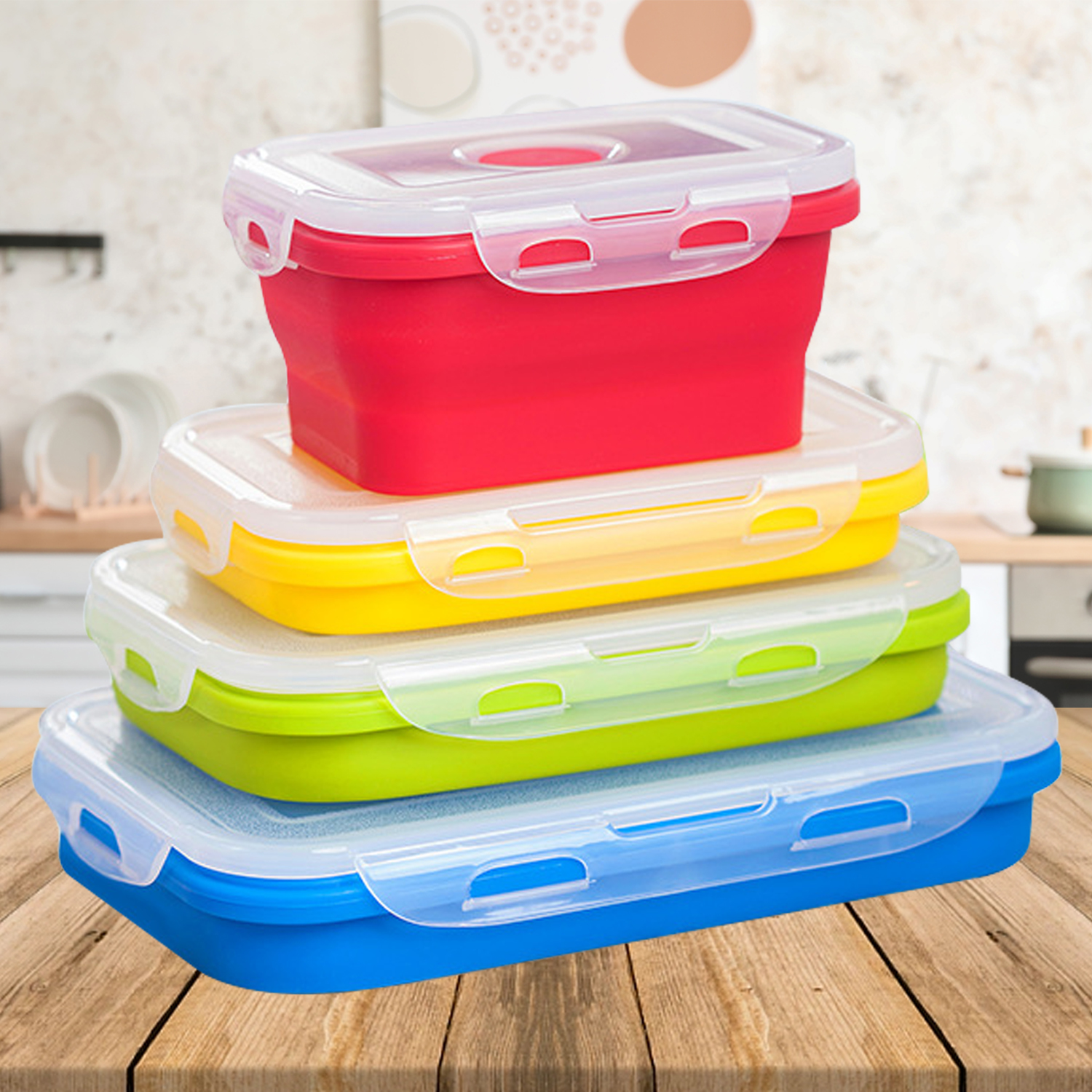 Silicone Folding Lunch Box with Lid 350ML/500ML/800ML/1200ML 4-piece Set Silicone Square Portable Folding Lunch Box