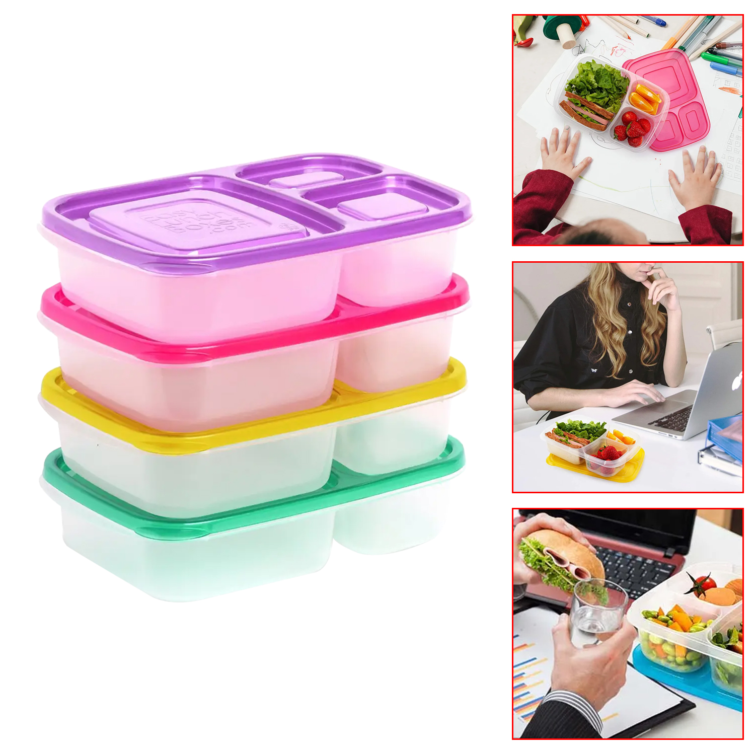 Multi Color Plastic Three Compartment Lunch Box Food Lunch Box Microwave Picnic Food Container Storage Box