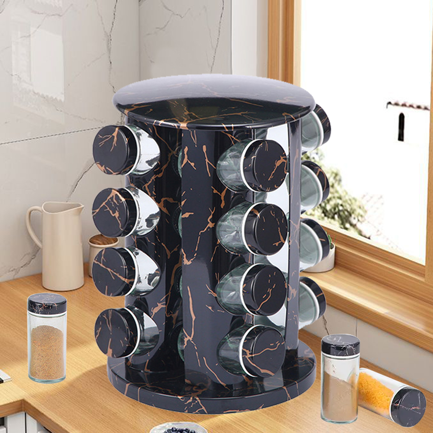 Kitchen Spice Jar With Rotating Rack Kitchen Counter Cabinet Organizer Standing Shelf Marble Stripe Stainless Steel 360 Rotating Spice And Seasoning Rack Holder Set