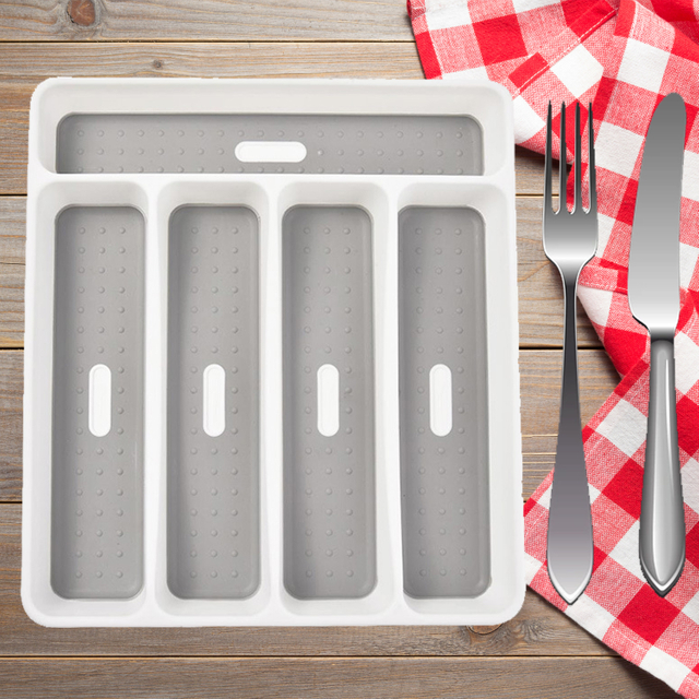 Cutlery Storage Tray Large Silverware Tray 5 Compartments Kitchen Drawer Organizer with Soft-Grip Lining And Non-Slip Rubber Feet