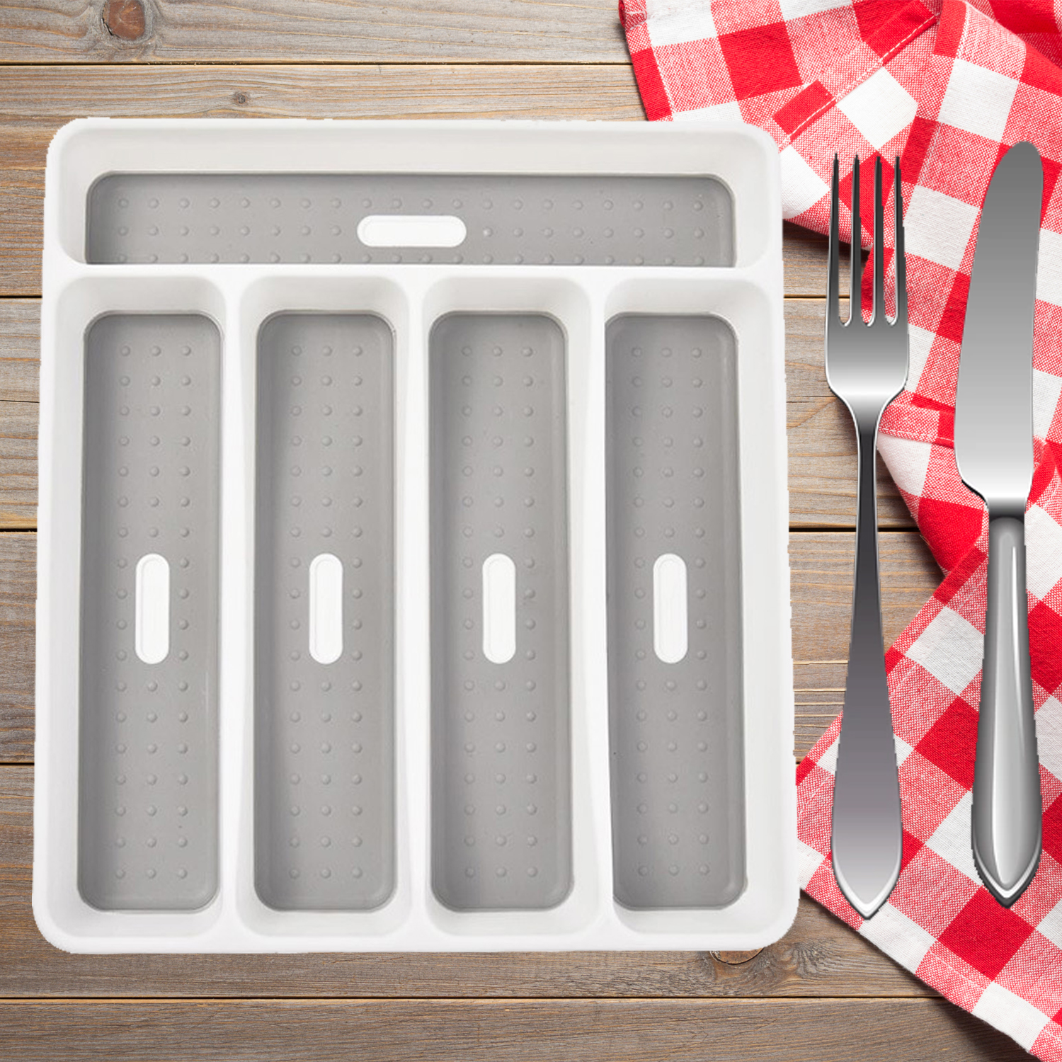 Cutlery Storage Tray Large Silverware Tray 5 Compartments Kitchen Drawer Organizer with Soft-Grip Lining And Non-Slip Rubber Feet