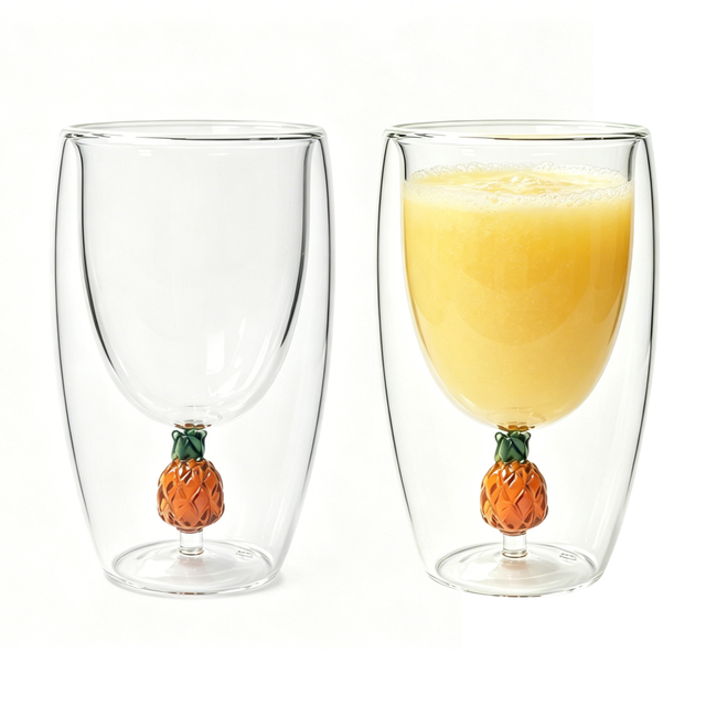 Set of 2 300ml Pineapple Double Wall Glass Cups