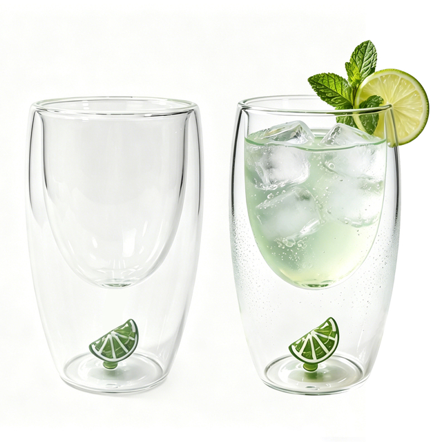 Set of 2 300ml Lime Double Wall Glass Cup