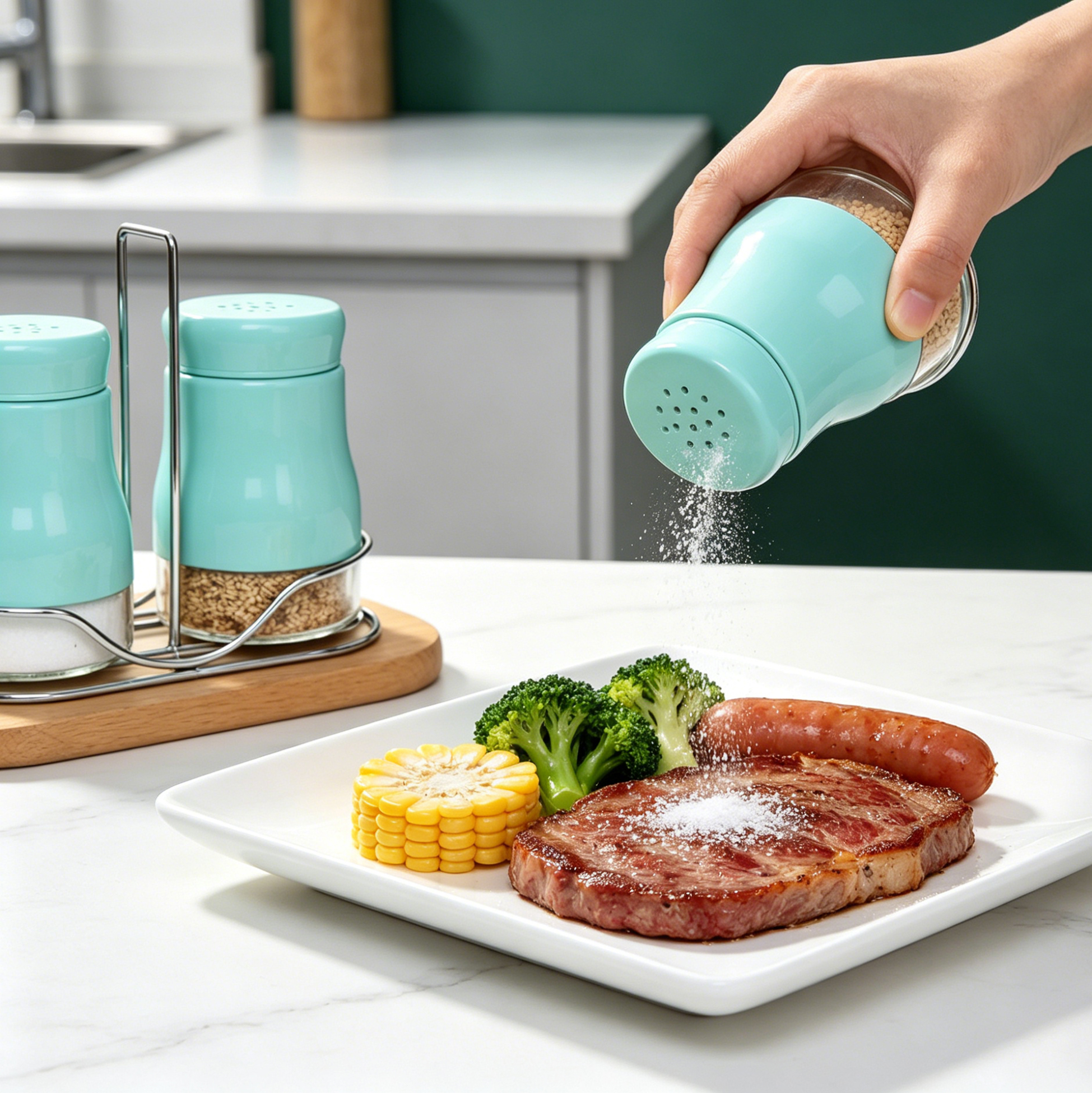 Turquoise Salt And Pepper Shakers Set with Stand