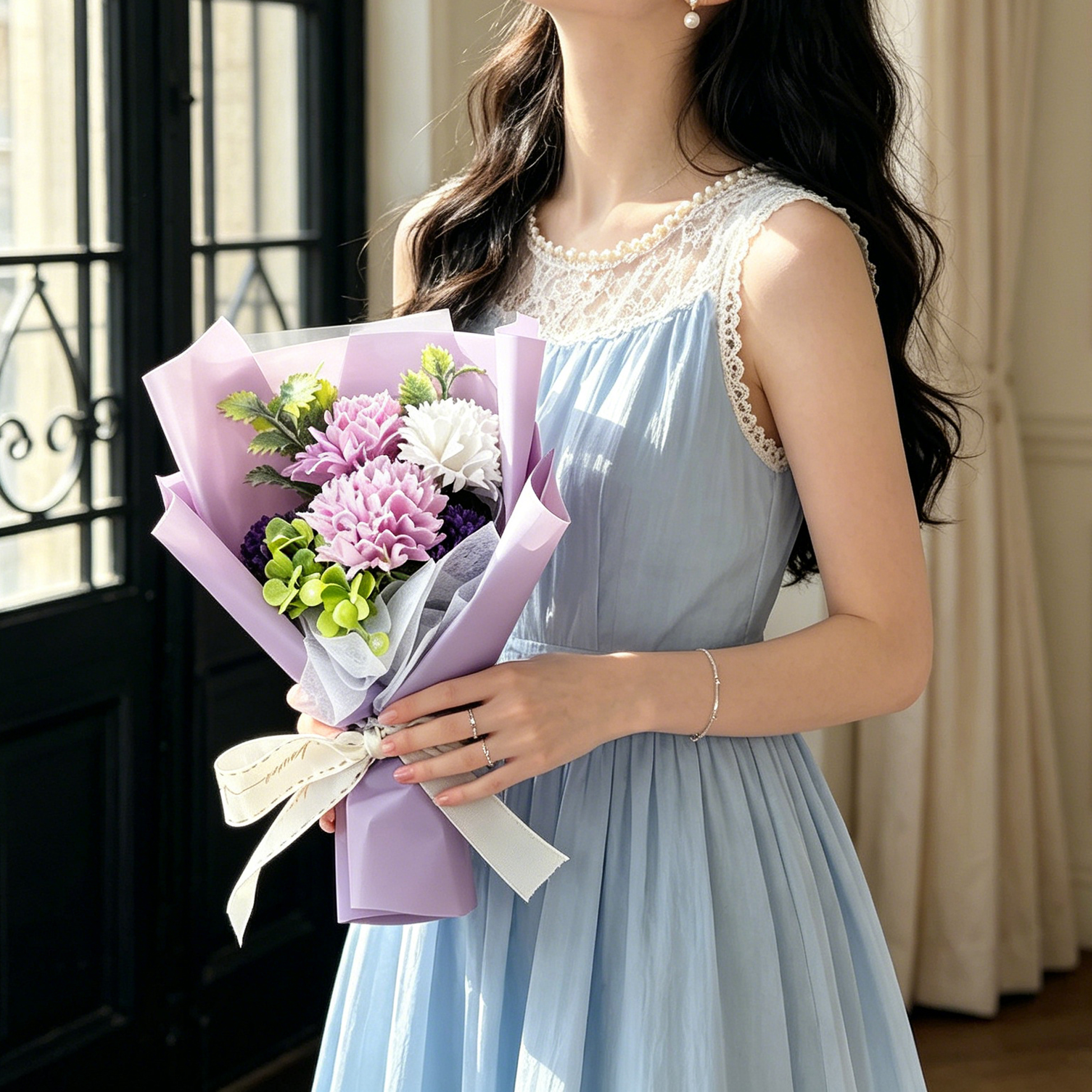 Purple Artificial Carnation Flower Bouquet with Gift Box