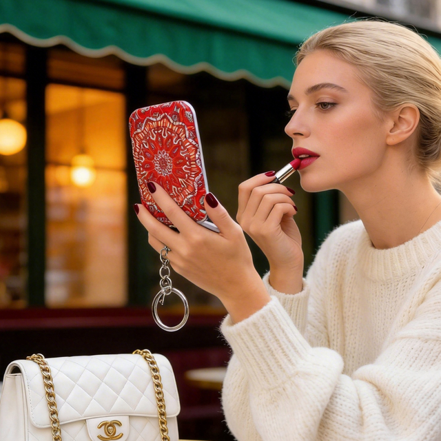 Red Mandala Print Rectangular Compact Mirror