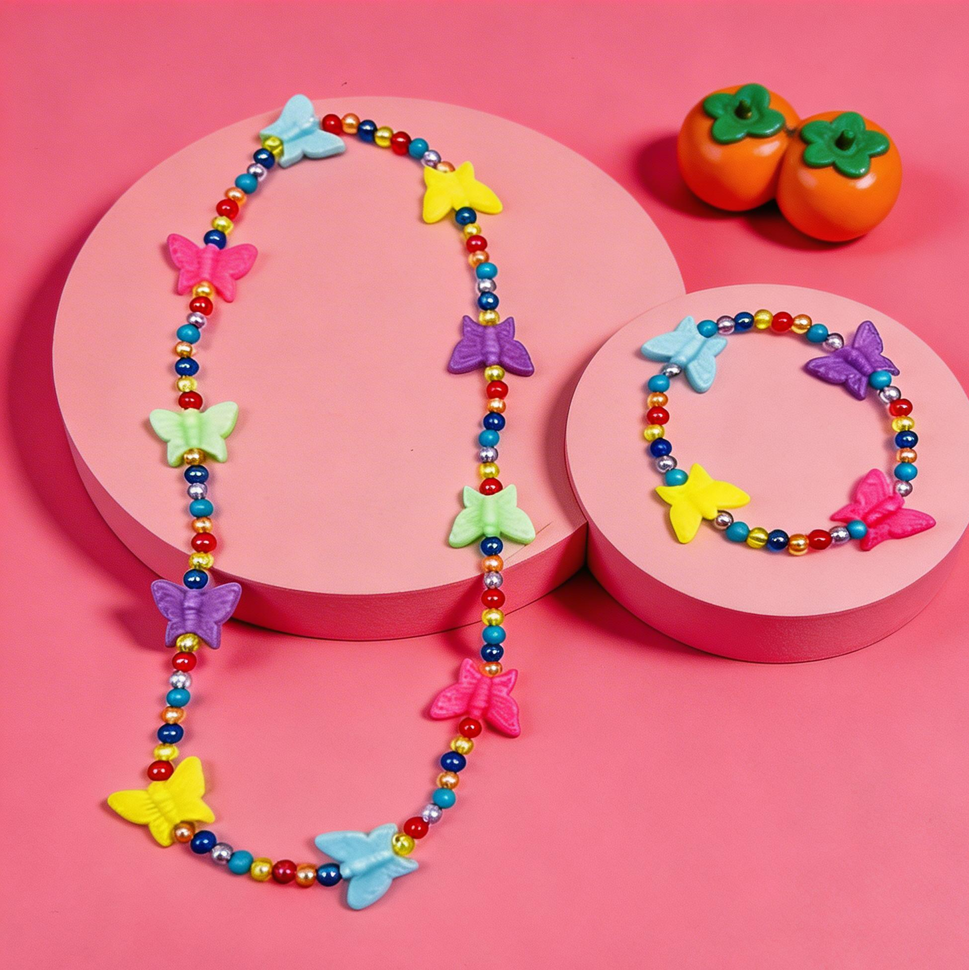 Kids Colorful Butterfly Beaded Necklace And Bracelet Set