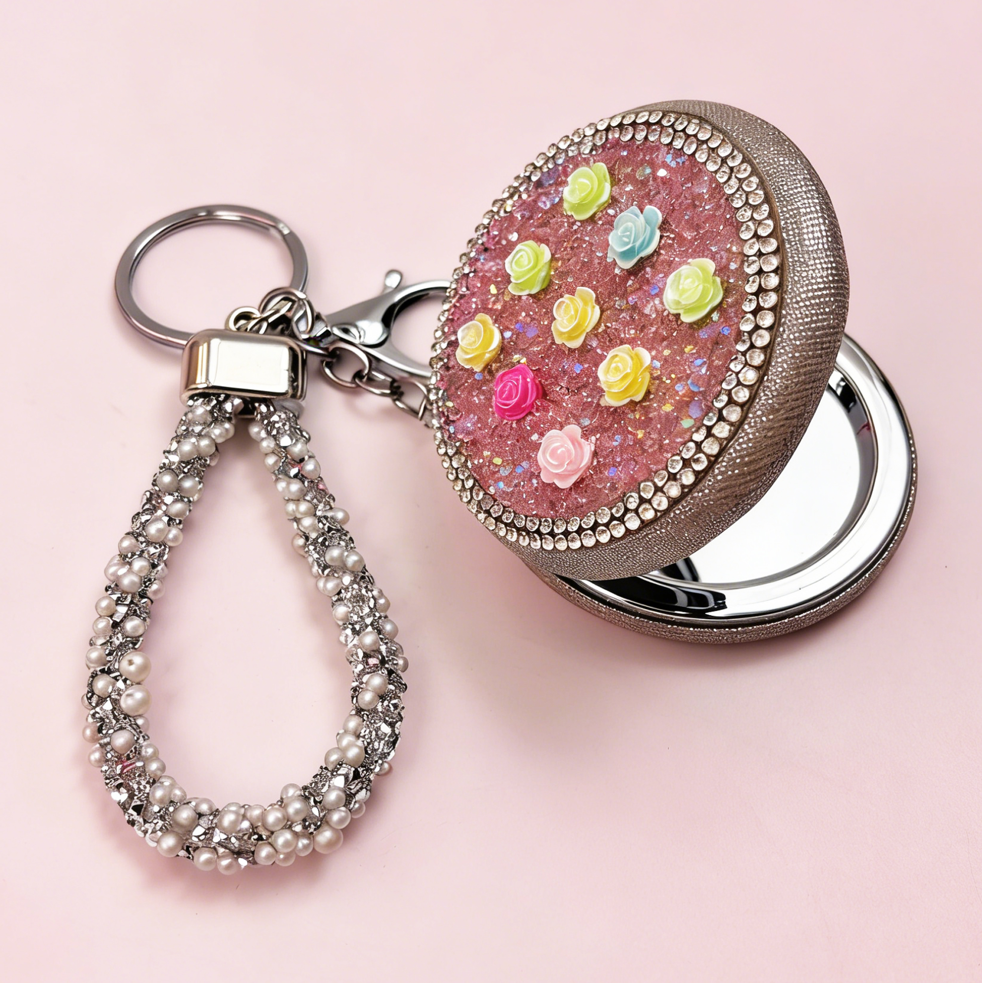 3D Floral Rhinestone Compact Mirror
