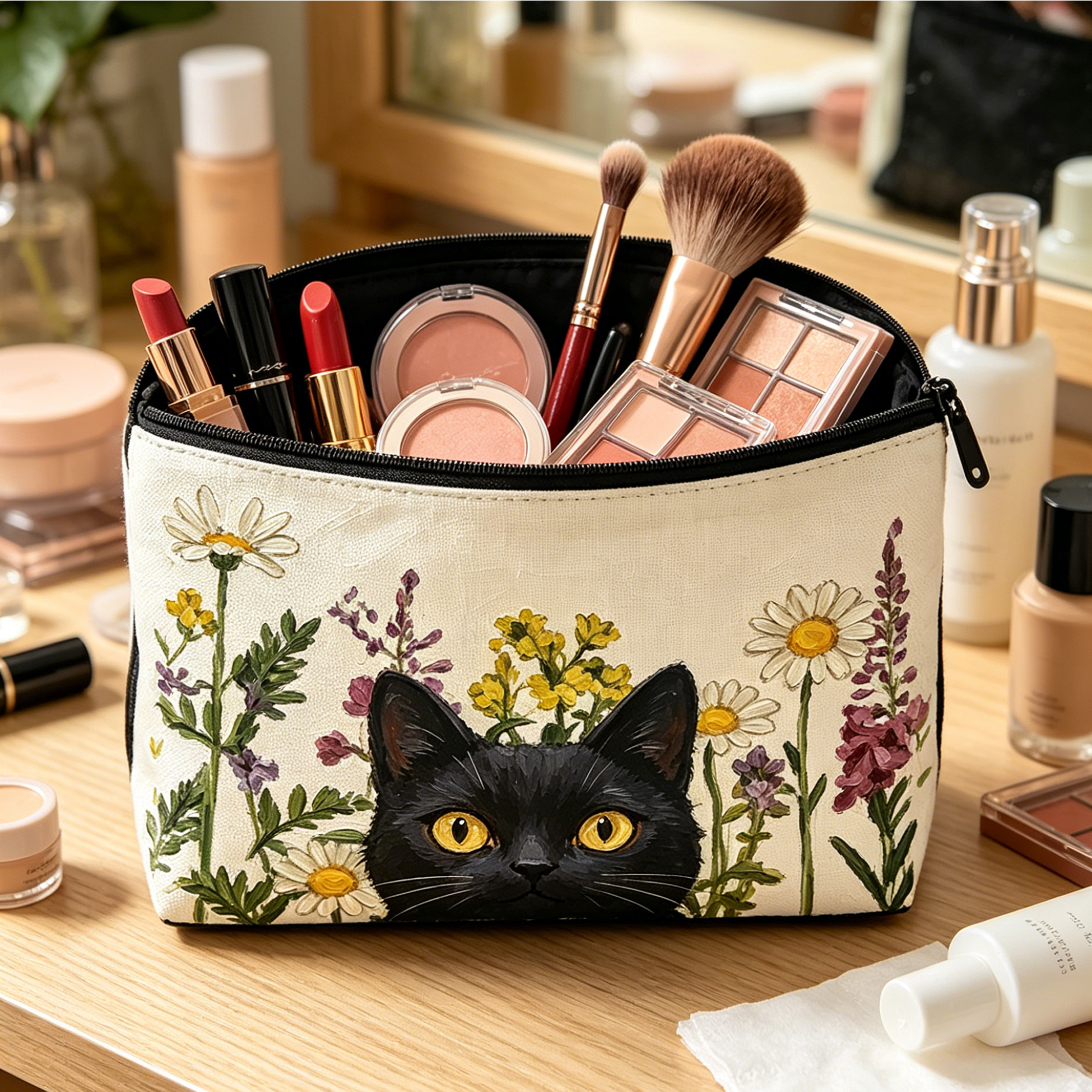 Black Cat Floral Makeup Bag for Women