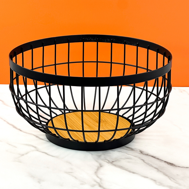 Countertop Wire with Wood Base Fruit Storage Basket Bread Vegetable Round Bowl Plate for Living Room Kitchen Office