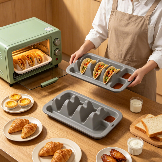 Silicone Taco Holder Stand with Sauce Cups, Oven & Dishwasher Safe Taco Tray Holds 4 Tacos
