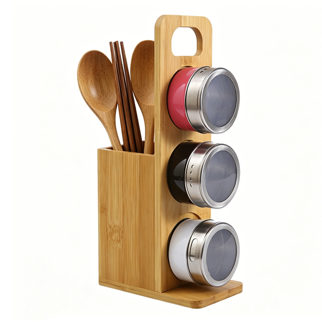 Bamboo Kitchen Utensil Holder with Magnetic Spice Jars, 2-in-1 Countertop Organizer