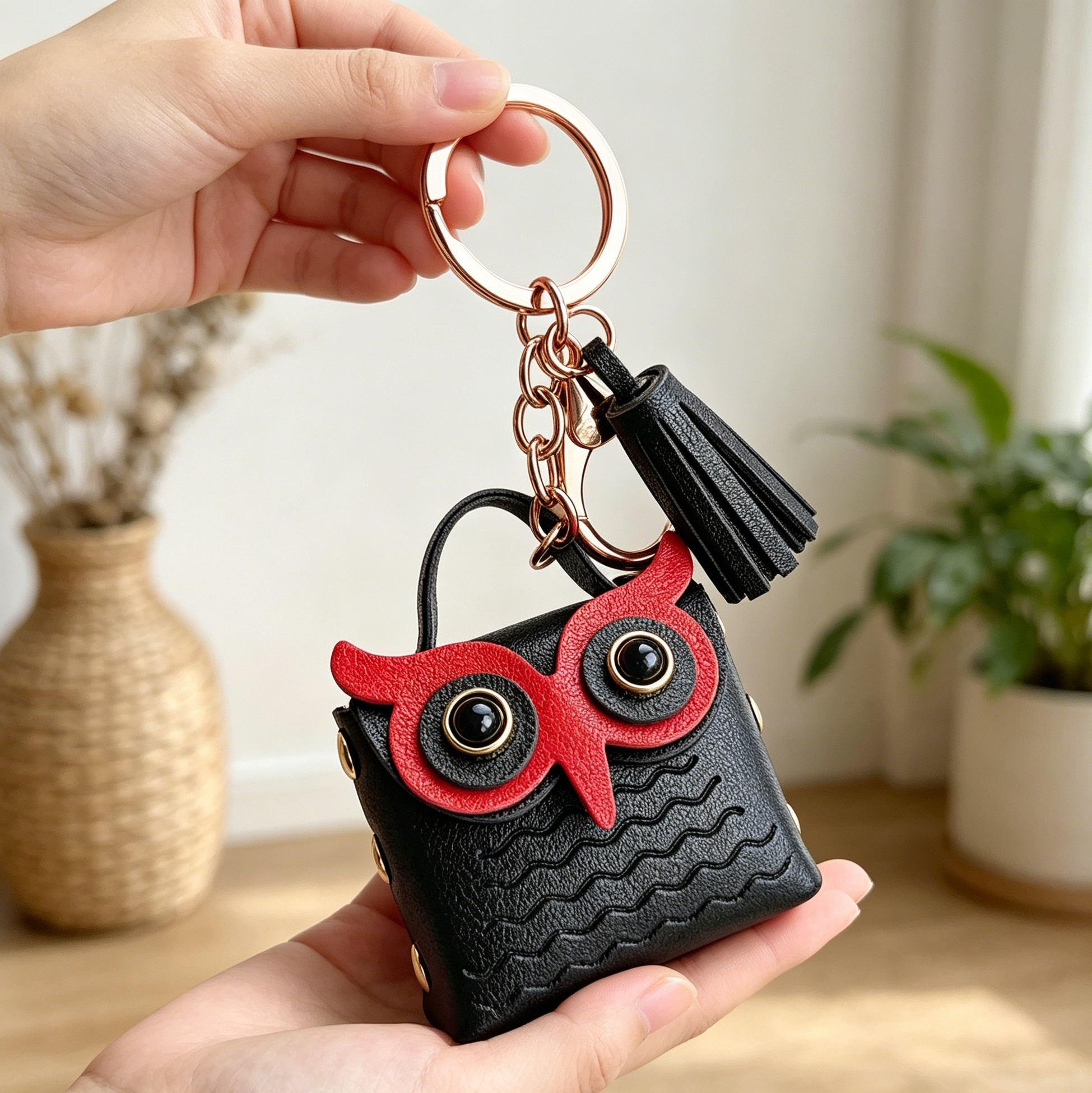 Cute Owl Mini Coin Purse Keychain, Faux Leather Earbud Holder 