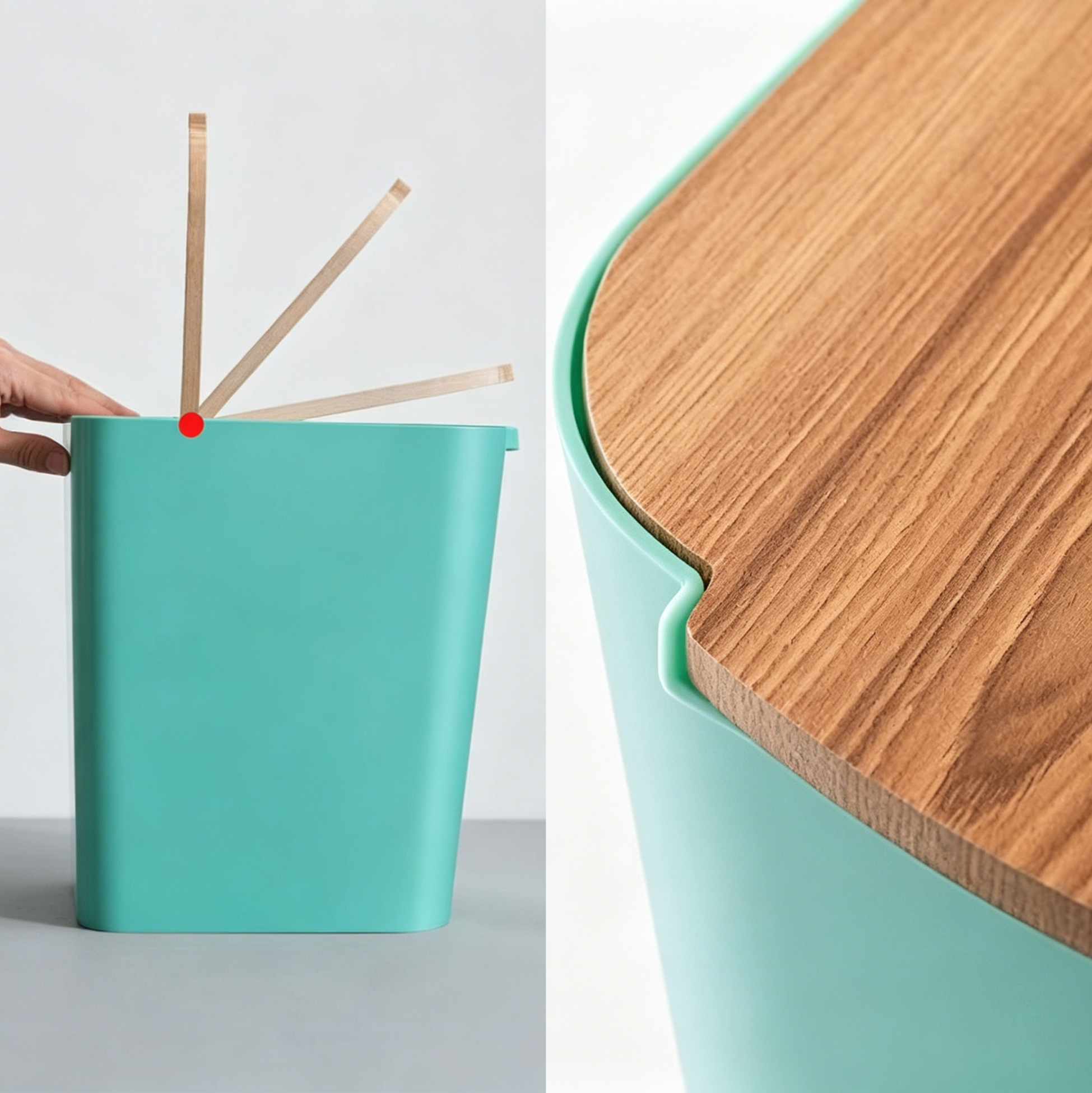 Slim Trash Can with Wooden Lid, Small Kitchen & Bathroom Waste Bin
