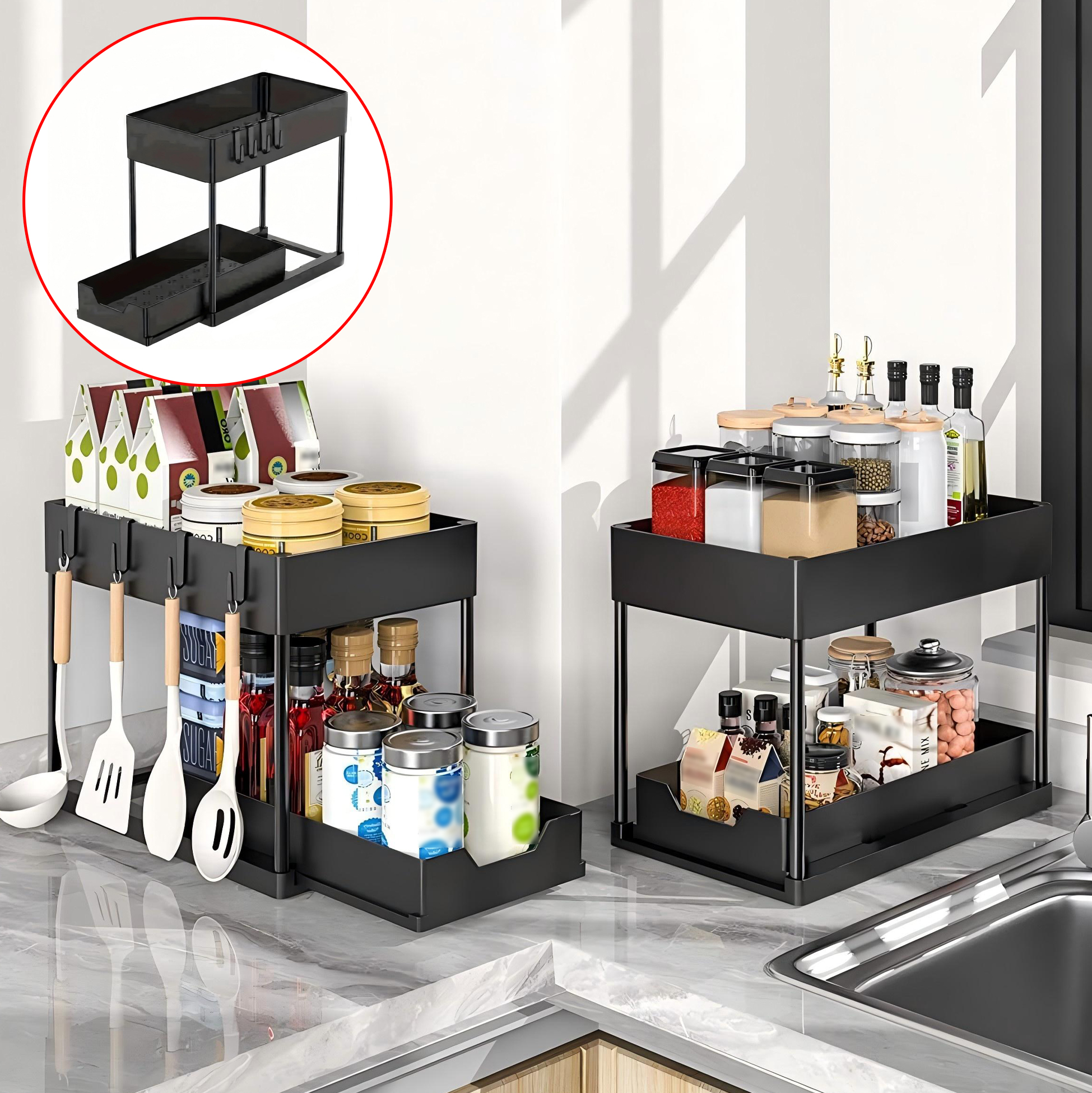 2 Tier Black Metal Kitchen Storage Organizer Rack