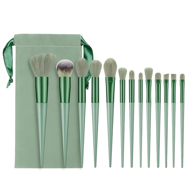 13 Piece Green Makeup Brush Set with Pouch