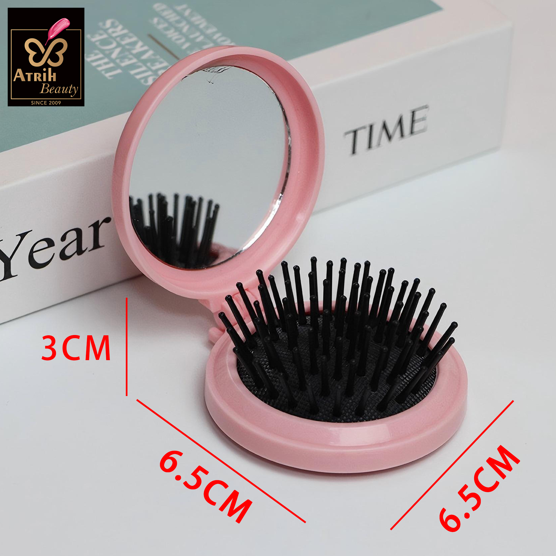  Pink Compact Hairbrush with Mirror 