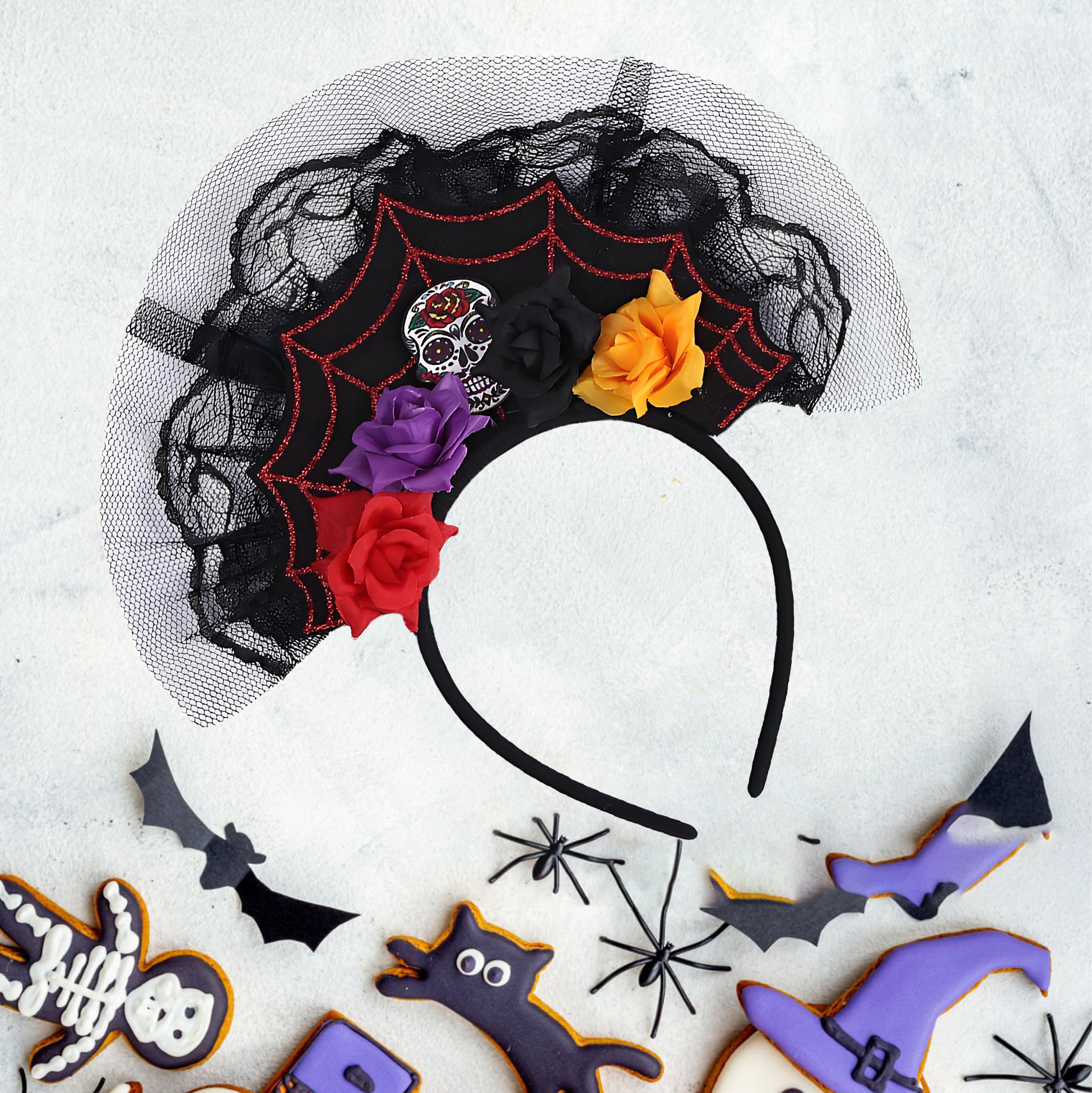 Day of The Dead Headband with Spider Web Design