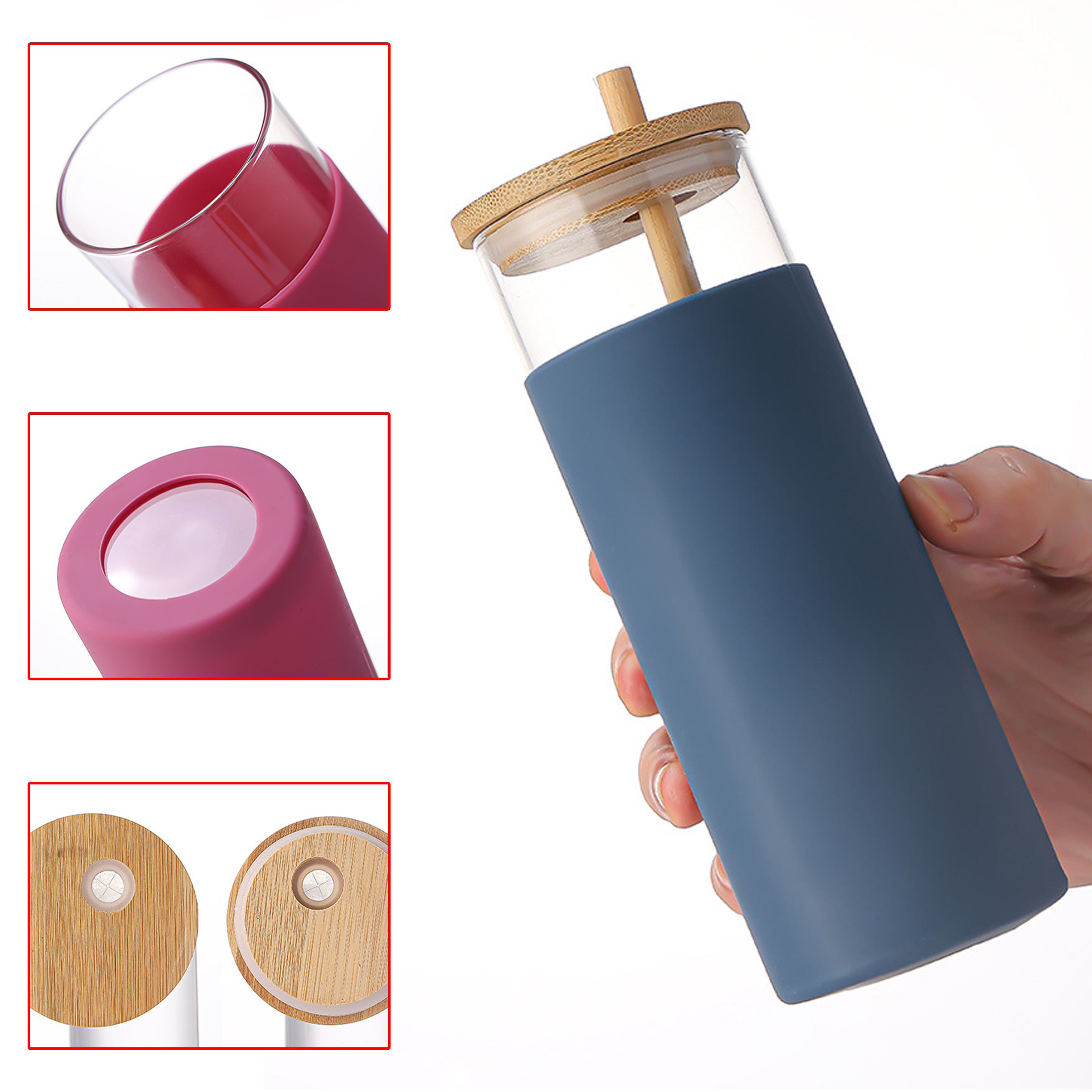 Glass Tumbler with Straw And Lid Bamboo Silicone Protective Sleeve