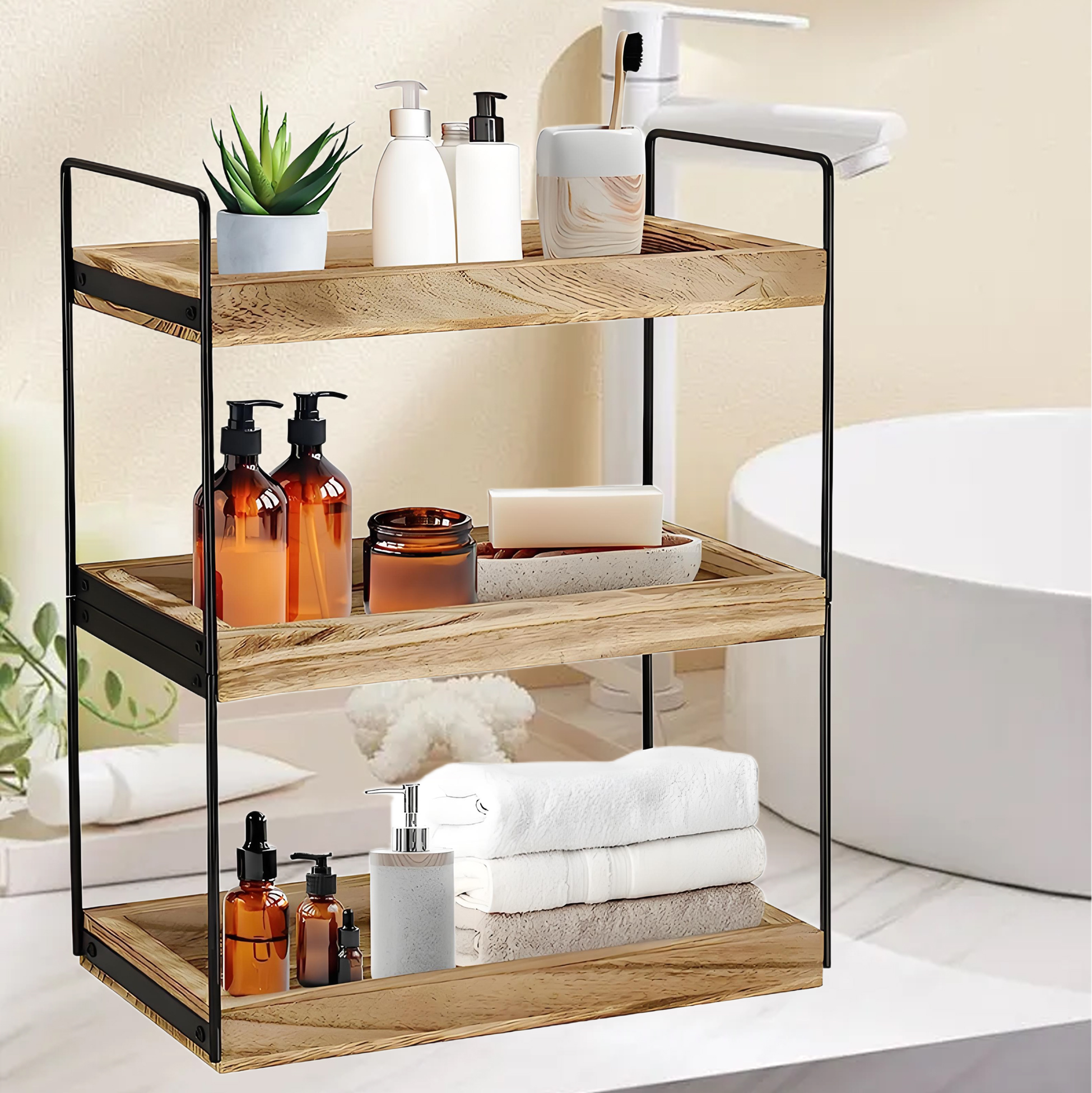 3 Tier Industrial Style Metal And Wood Bathroom Storage Shelf