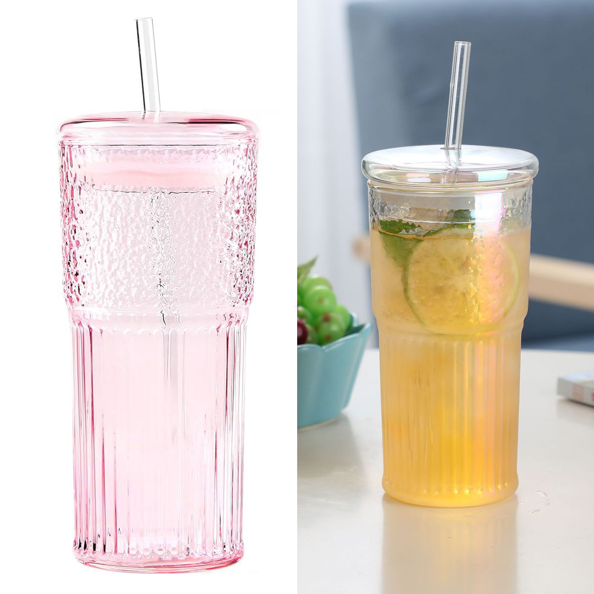 650ML Ribbed Glass Tumbler with Straw and Lid