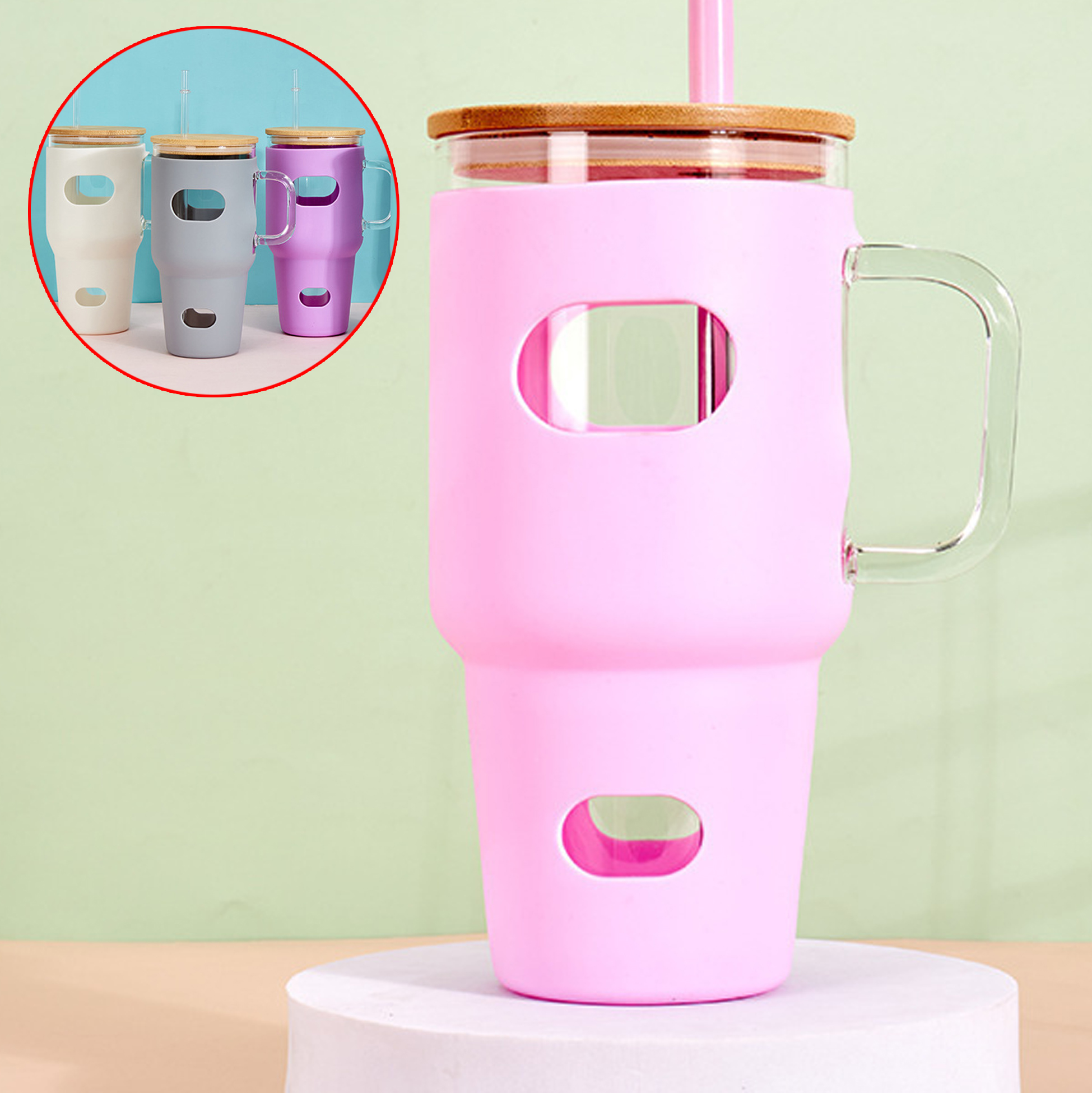 600ML Glass Tumbler with Silicone Sleeve and Bamboo Lid