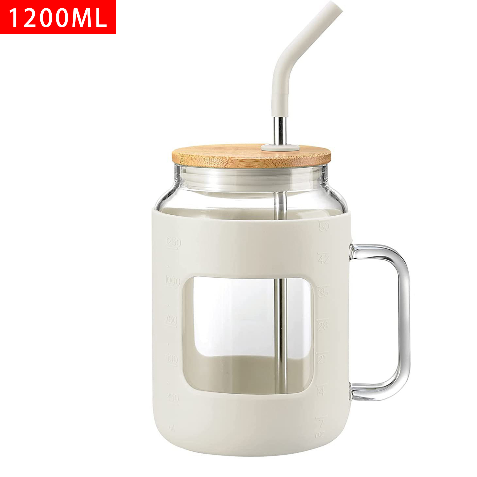1200ML Glass Drinking Mug with Straw and Silicone Sleeve