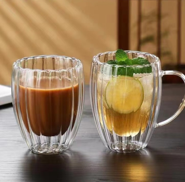 Double Walled Ribbed Glass Mug with Handle