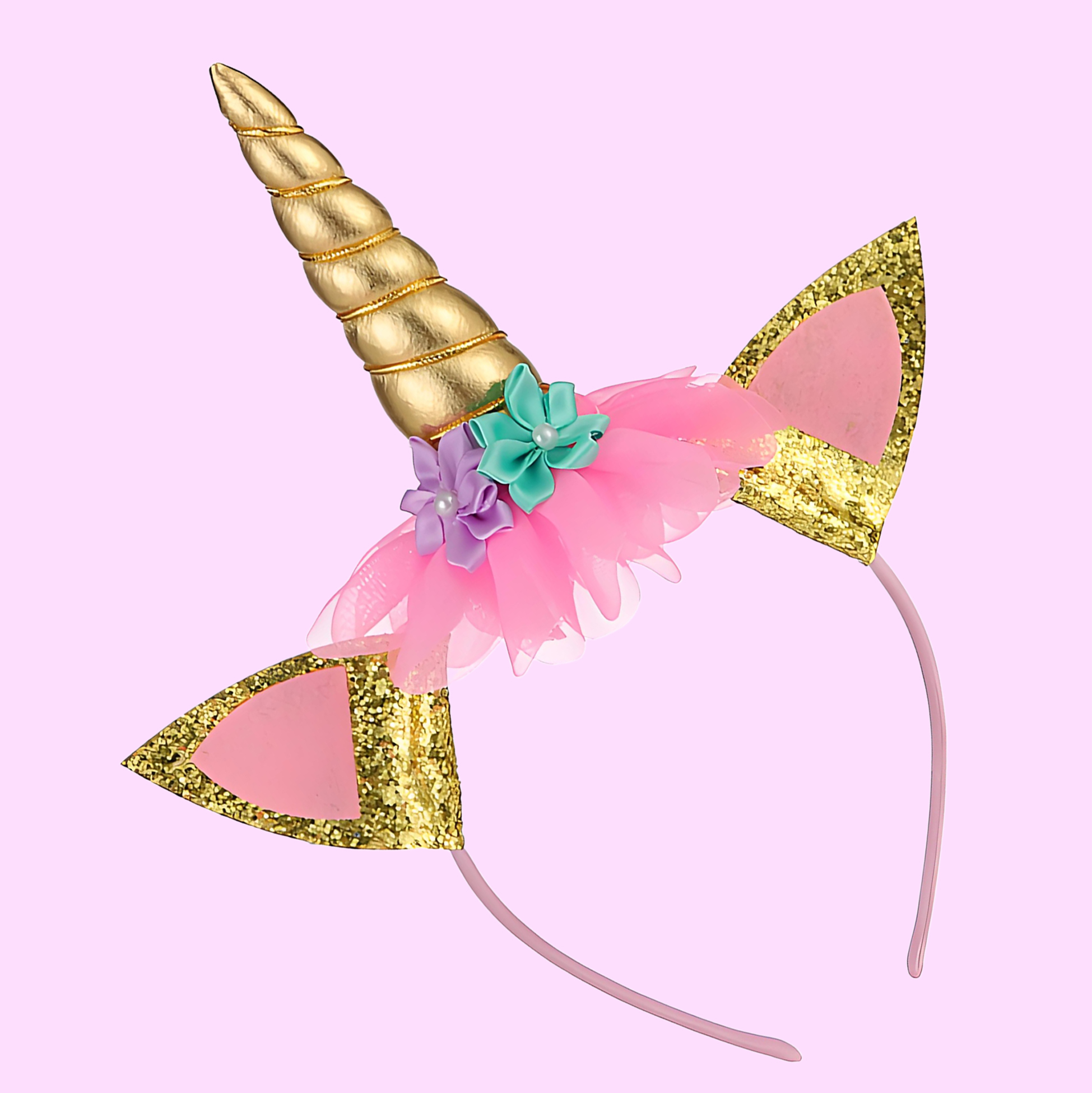 Unicorn Headband with Ears and Flowers