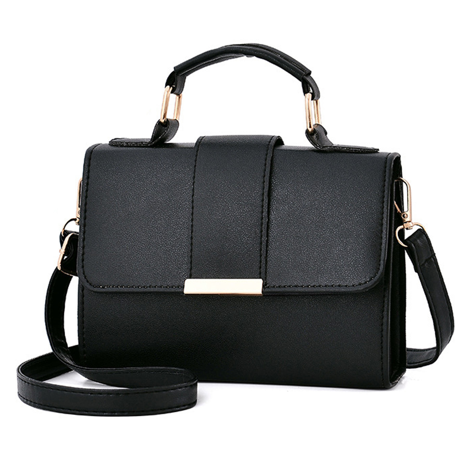 Black Leatherette Structured Satchel Handbag