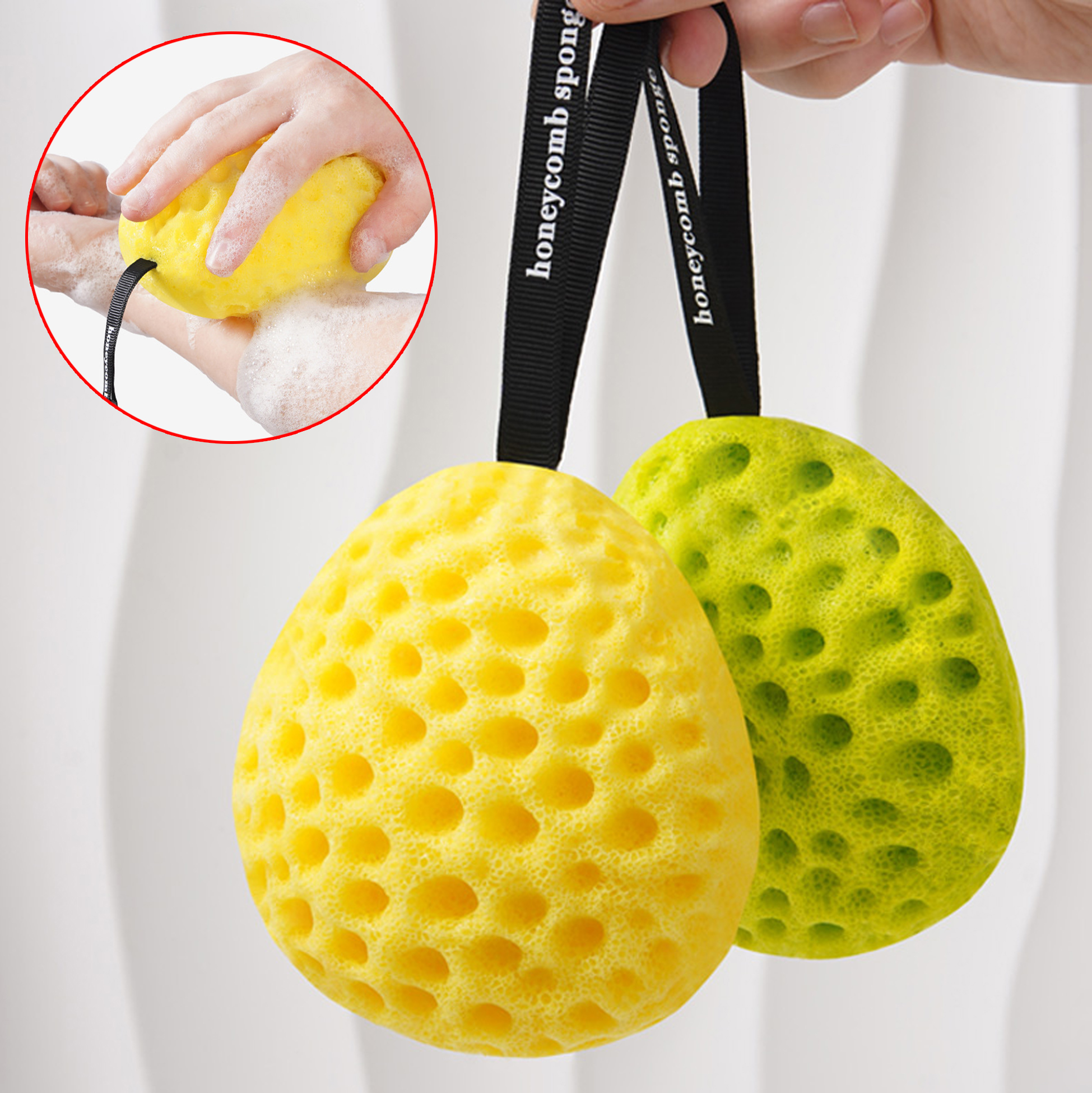 Yellow Oval Foam Loofah Sponge with Hanging Strap