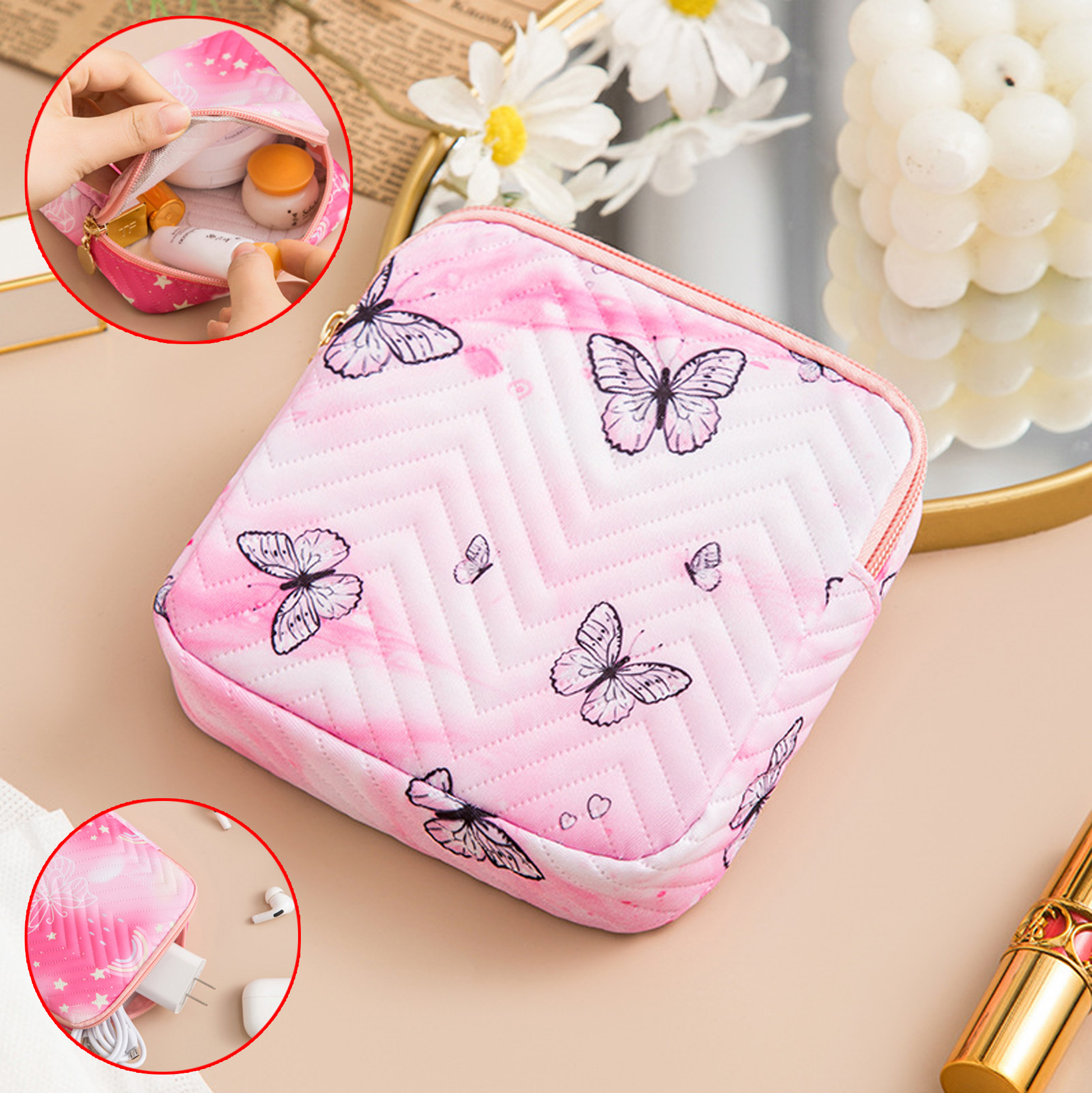 Pink Butterfly - Printed Quilted Makeup Bag