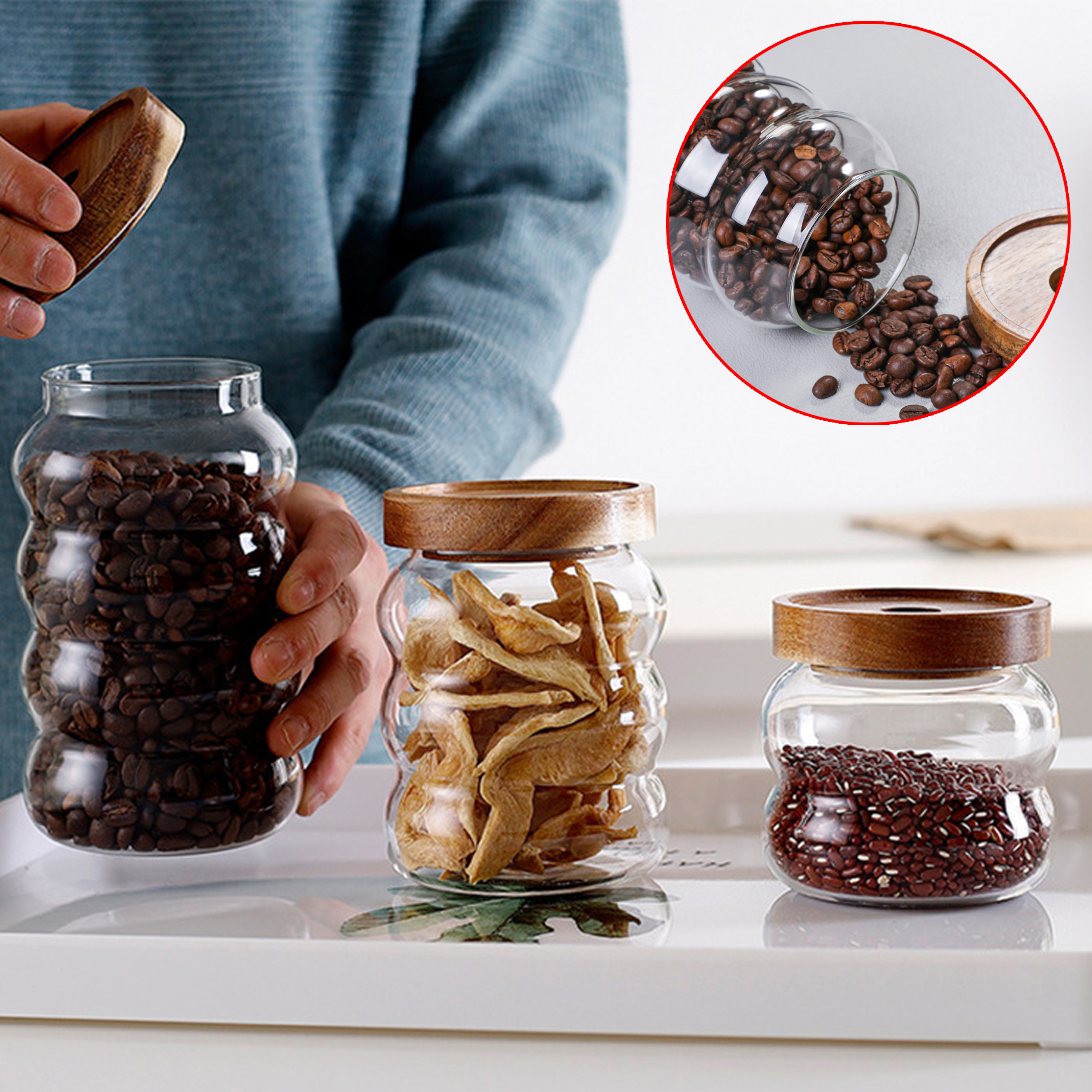 Airtight Bamboo Lid Glass Storage Jars for Home Use