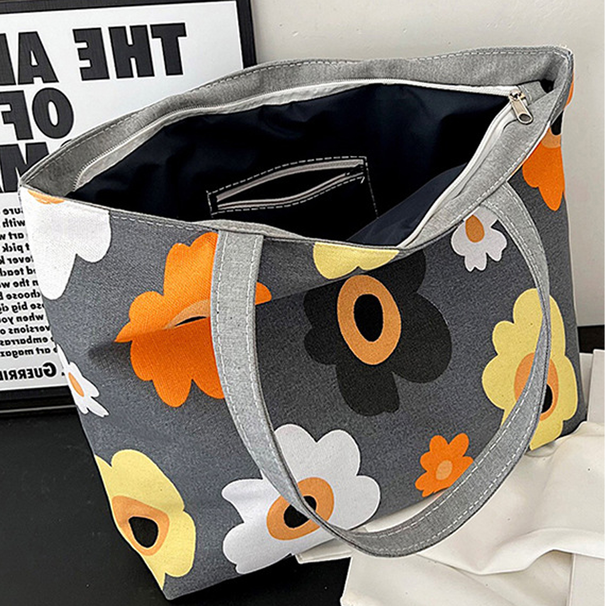 Floral Print Oxford Tote Bag, Large Capacity Reusable Grocery Bag