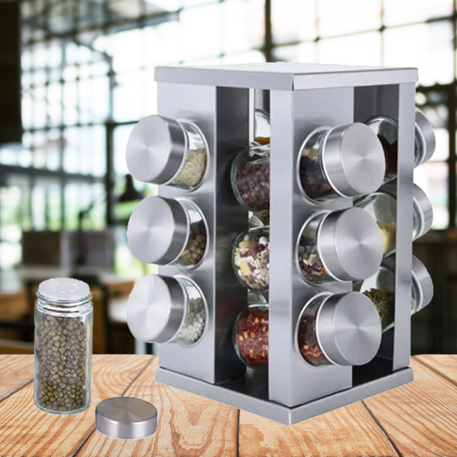 1 Set Seasoning Bottle Moisture-proof Large Capacity 90ml Spice Jar With Square 360 Degrees Rotating Storage Rack Kitchen Gadget
