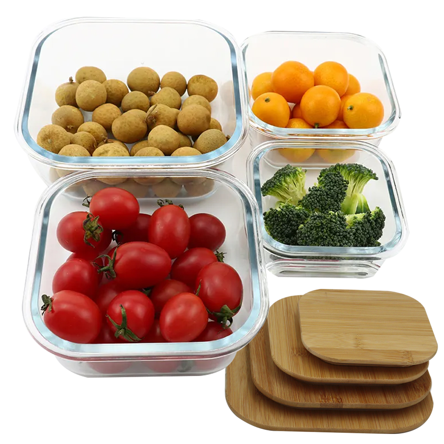 Square Glass Food Container Bamboo Lid 320ml 520ml 800ml 1100ml Eco Friendly Thermal Food Container Lunch Box with Silicon Ring