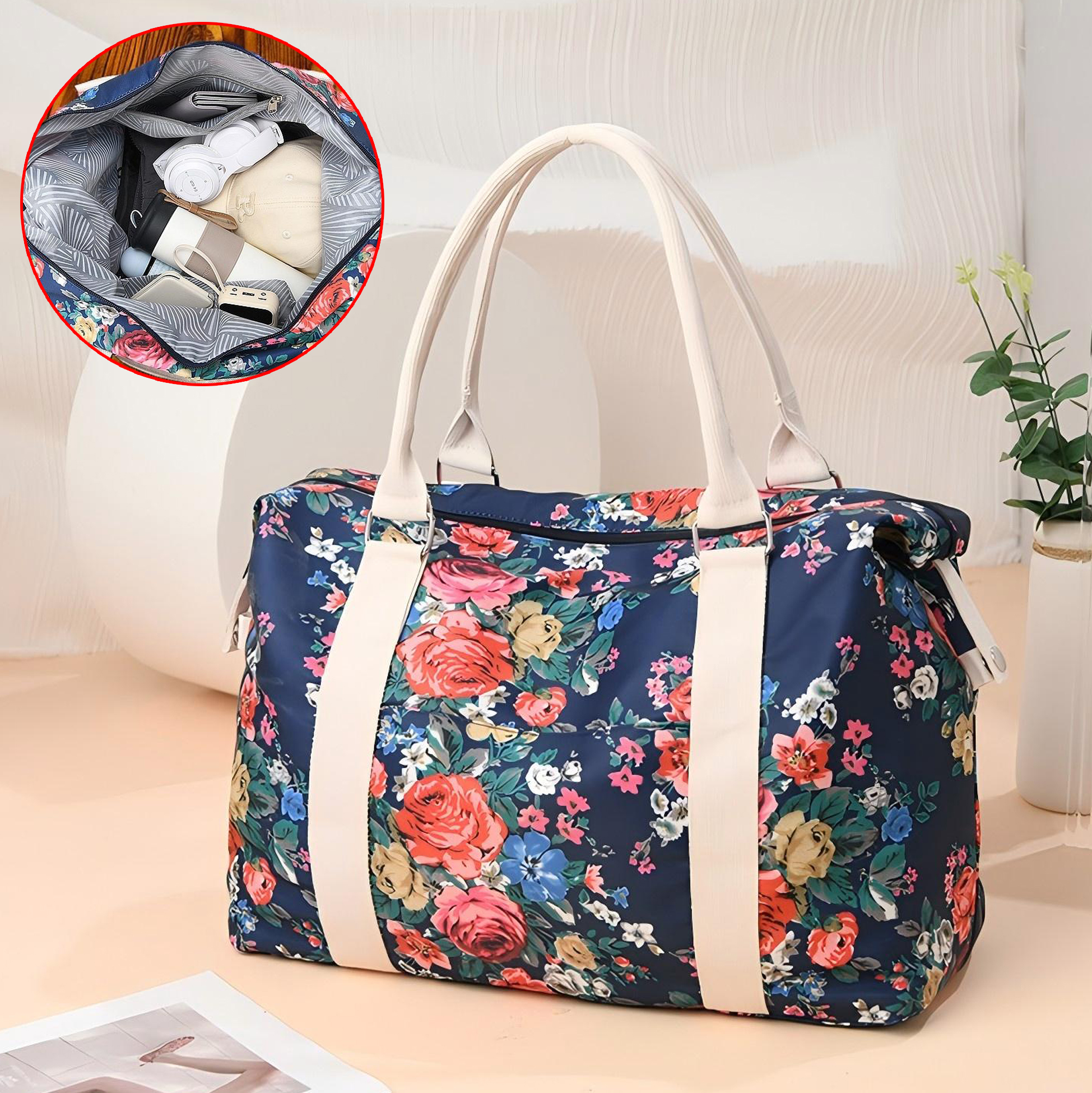 Floral Print Nylon Tote Bag