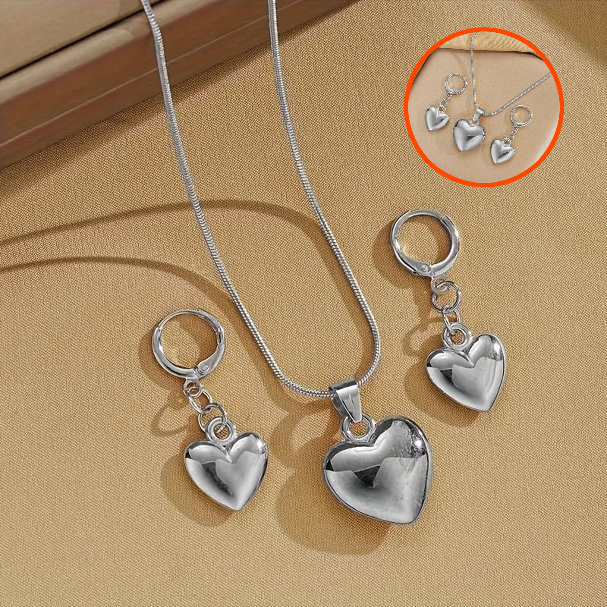 Silver Heart Jewelry Set with Necklace & Earrings