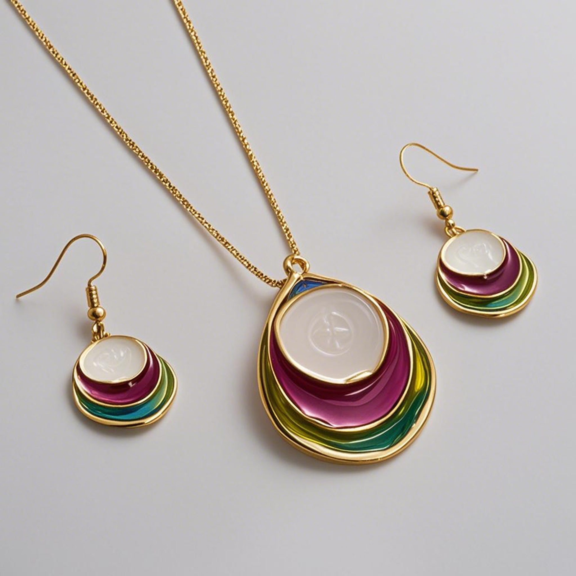 Enamel&White Stone Jewelry Set - Necklace & Earrings