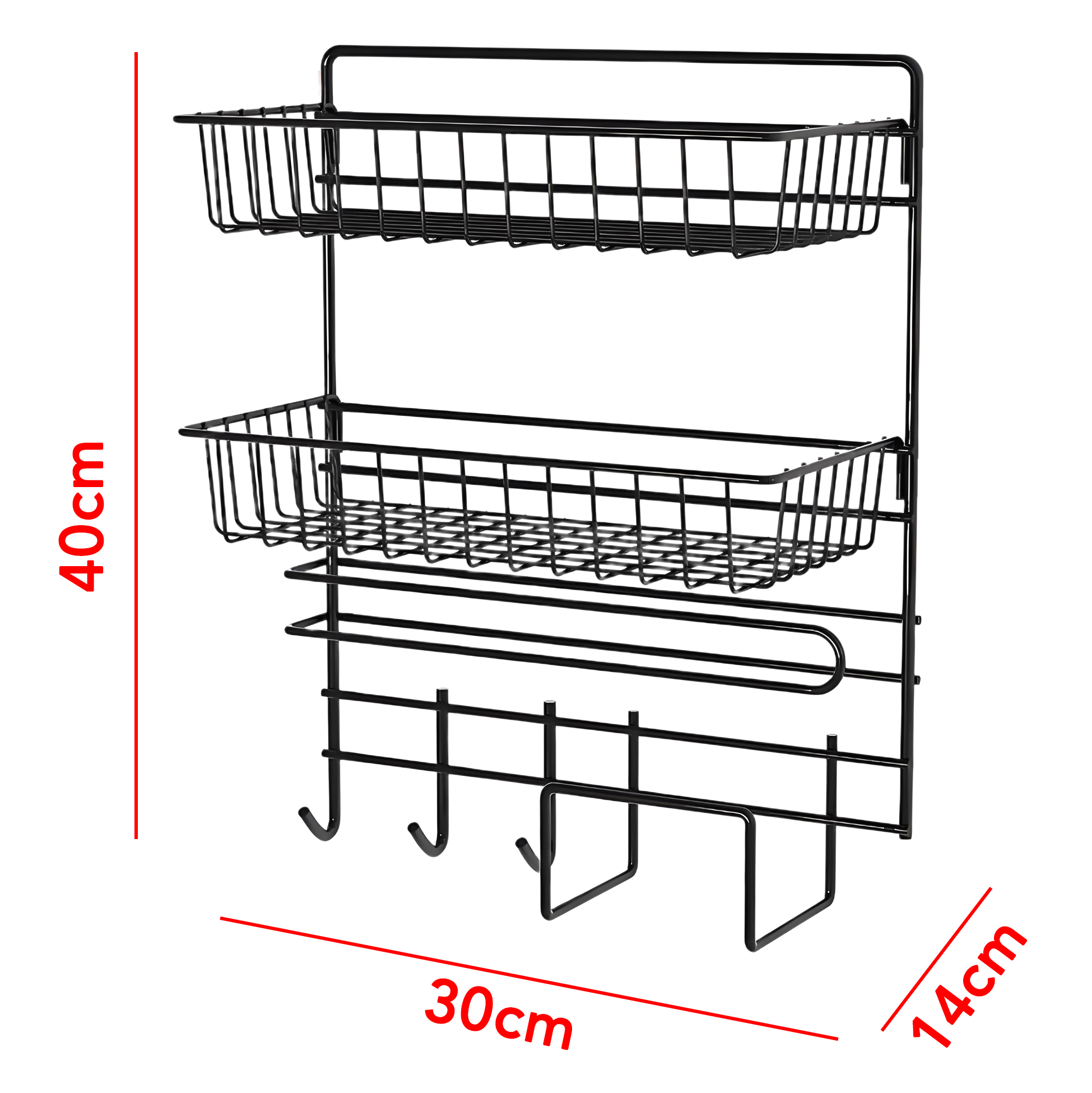 Black Metal 2 - Tier Kitchen Storage Rack with Hooks