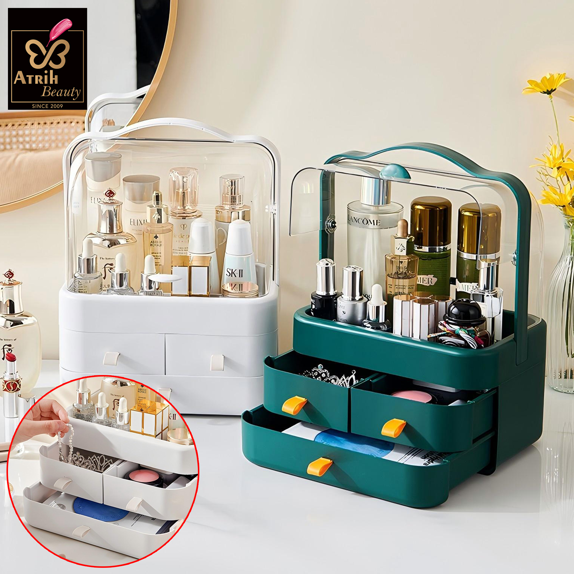 White Cosmetic Organizer with Transparent Lid & 3 Drawers
