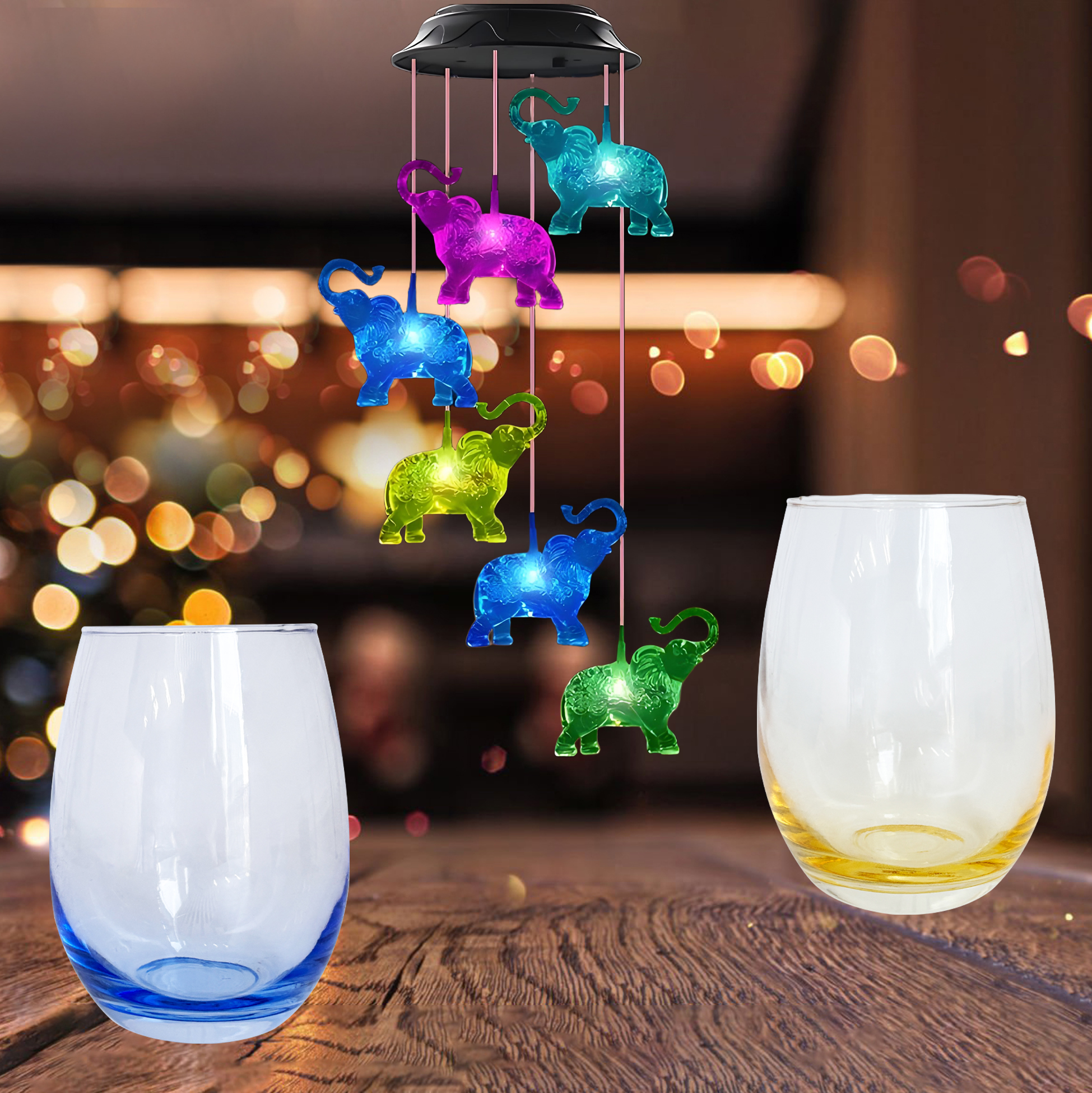 Elephant - Themed Wine Glass & Wind Chime Night Light Set