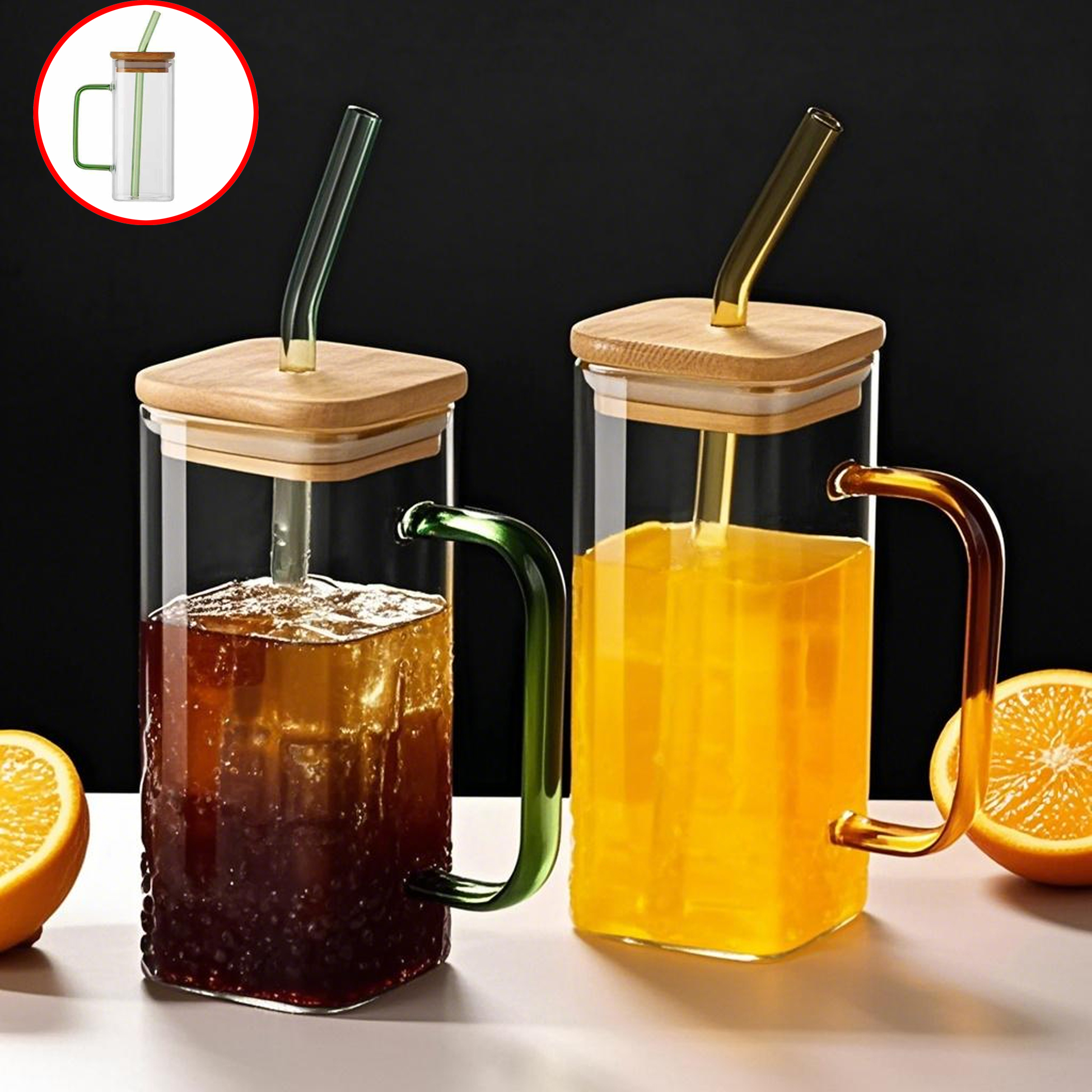Transparent Glass Mug with Wooden Lid & Straw