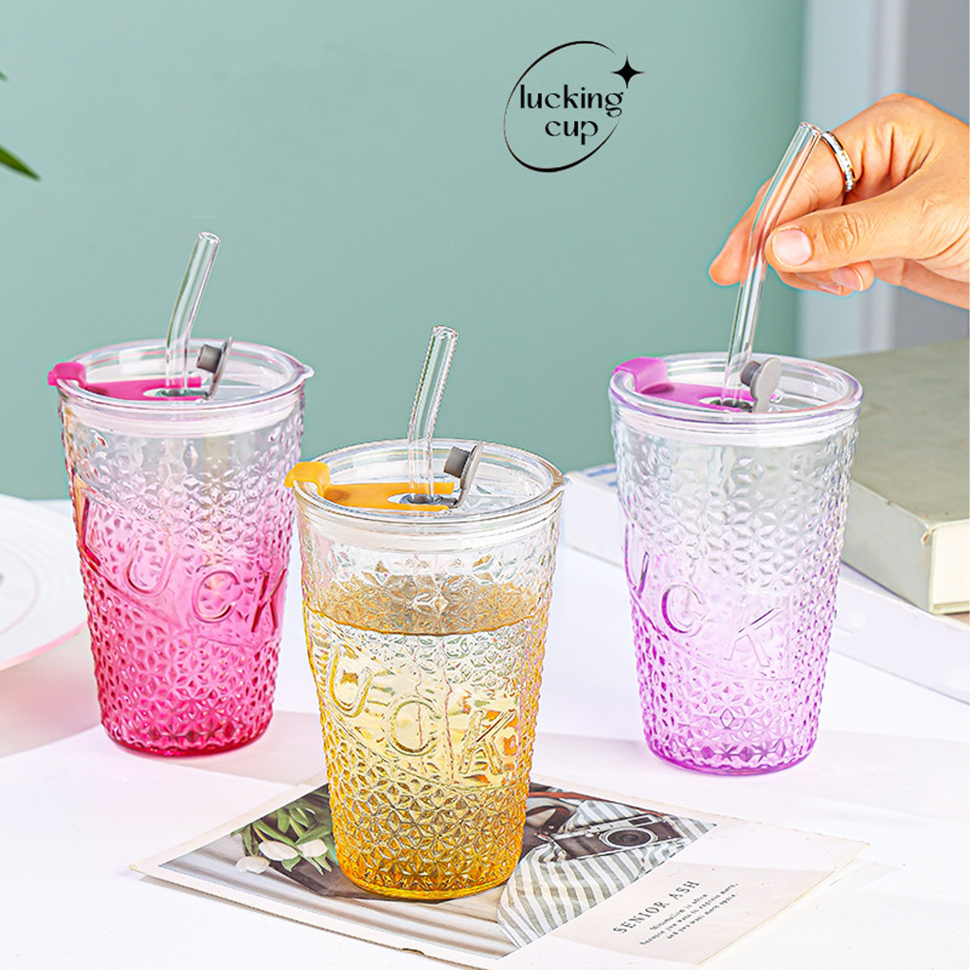 460ML Glass Cups with Straw and Lid