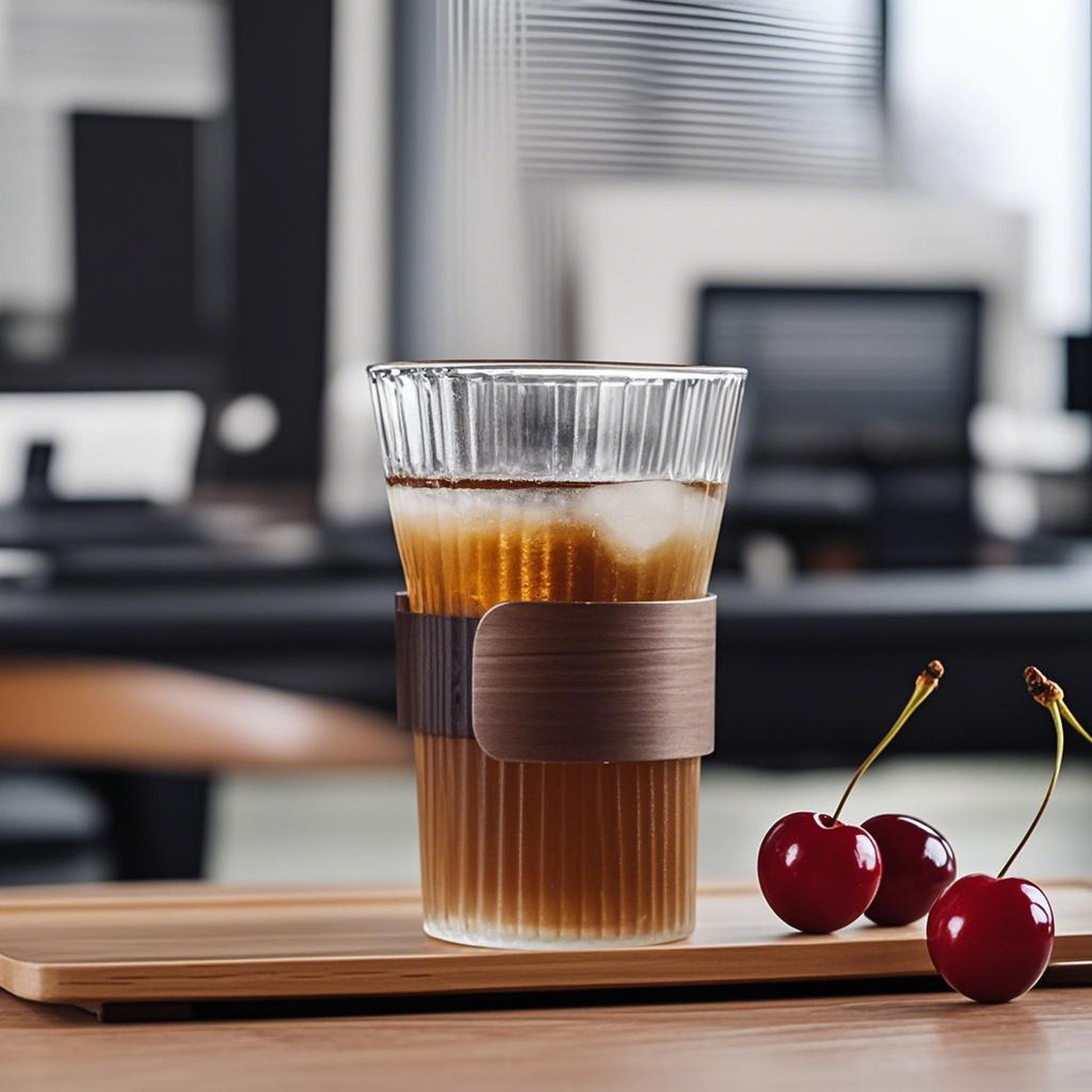 400ML Ribbed Glass Cup with Wooden Band