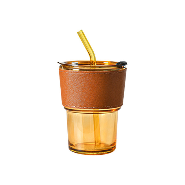 400ML Glass Tumbler with Leather Sleeve and Straw