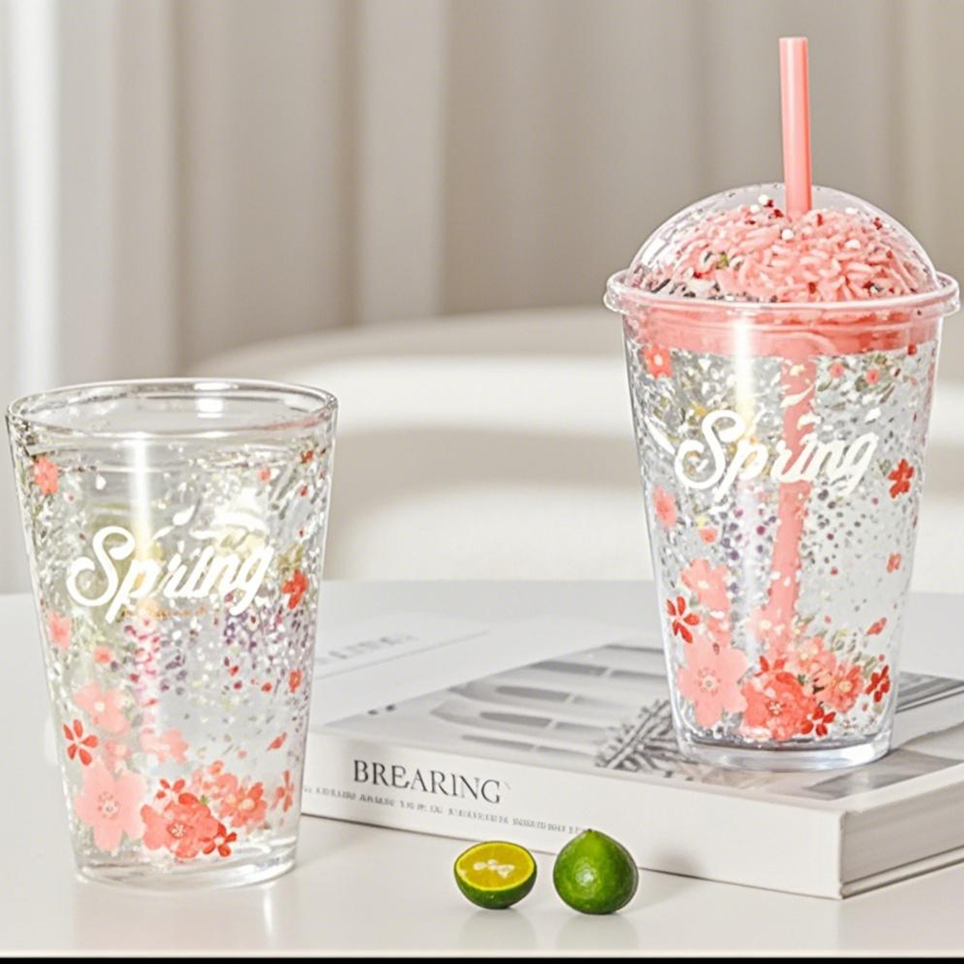 450ML Sakura Themed Glass Straw Cup