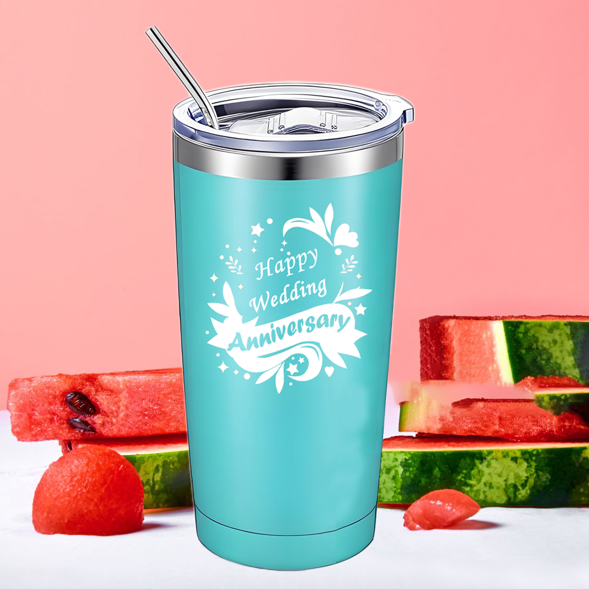 "Happy Wedding Anniversary" Stainless Steel Tumbler & Keychain Set
