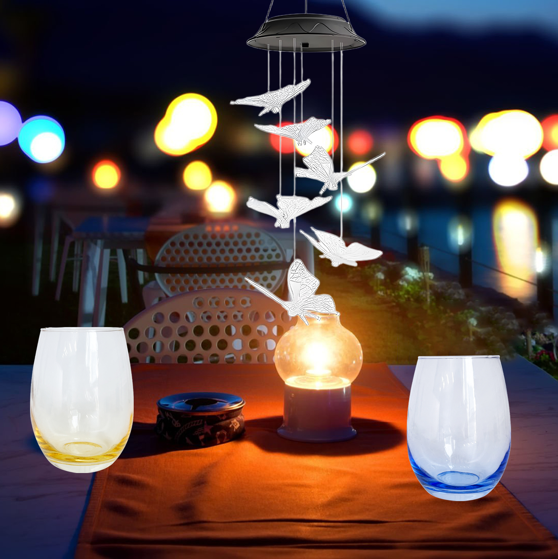 Butterfly Wind Chime & Color Tinted Wine Glass Set